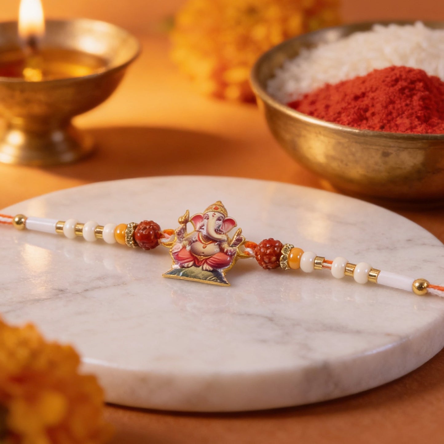 Stylish celebratory rakhi featuring Lord Ganesha and Rudraksha beads for festival