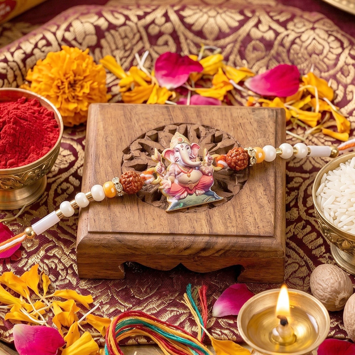 Elegant Rakhi with Lord Ganesha motif and Rudraksha beads for Rakshabandhan