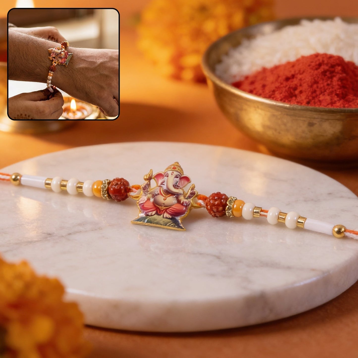 Decorative Lord Ganesha Rudraksha beads rakhi with intricate design for Rakshabandhan