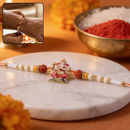 Decorative Lord Ganesha Rudraksha beads rakhi with intricate design for Rakshabandhan