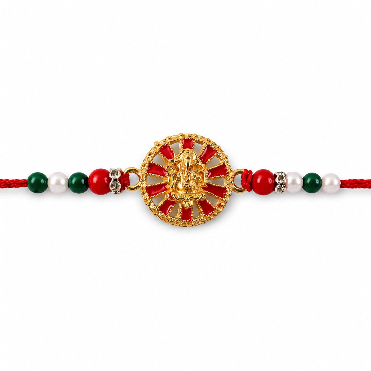 Close-up of beautiful decorative beads on Golden Ganesha Wheel Rakhi