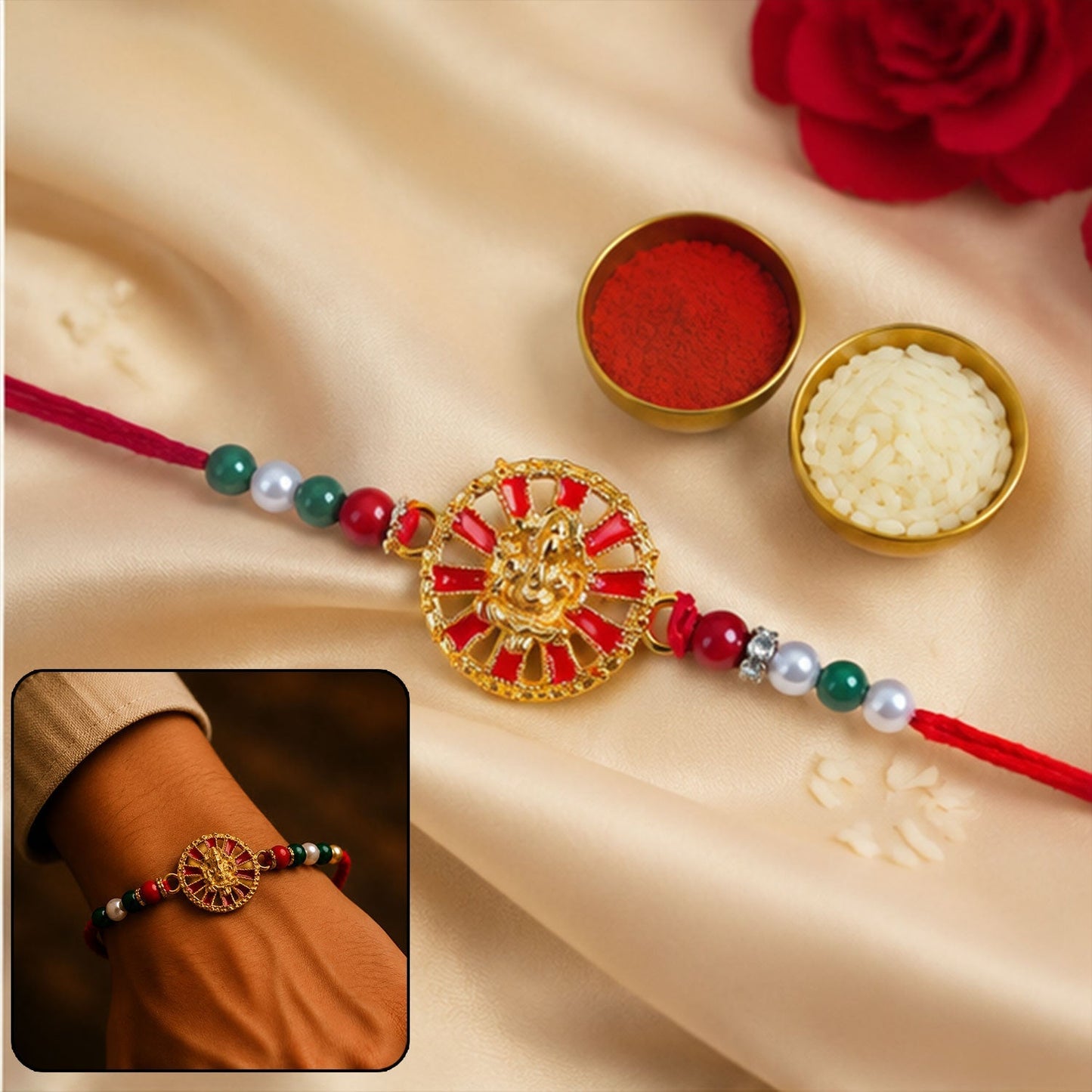 Golden Ganesha wheel design with decorative beads floral details for Rakhi