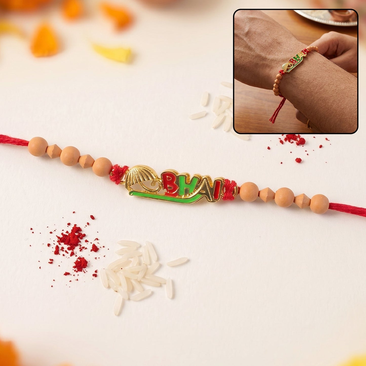 Colorful wooden bead Rakhi with traditional design for Raksha Bandhan