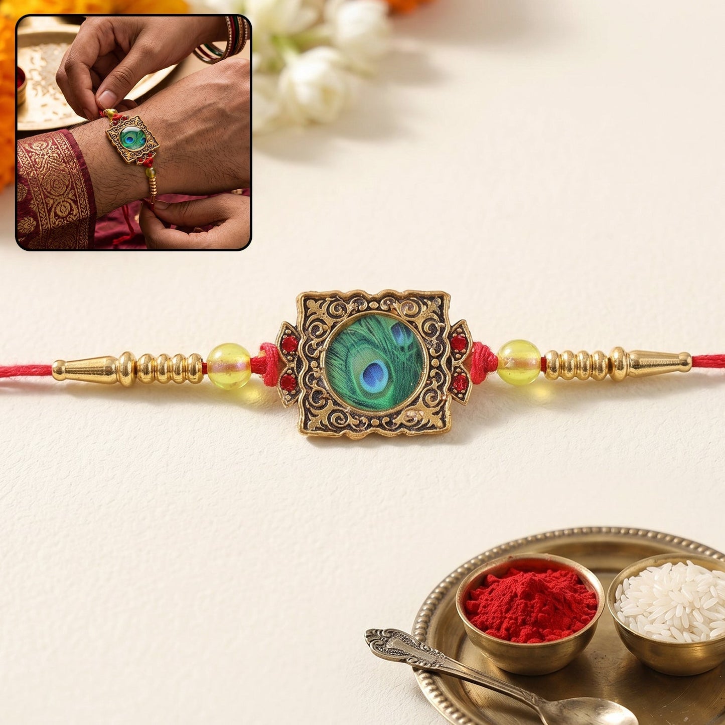 Beautiful festive Rakhi featuring intricate design and comfortable thread style
