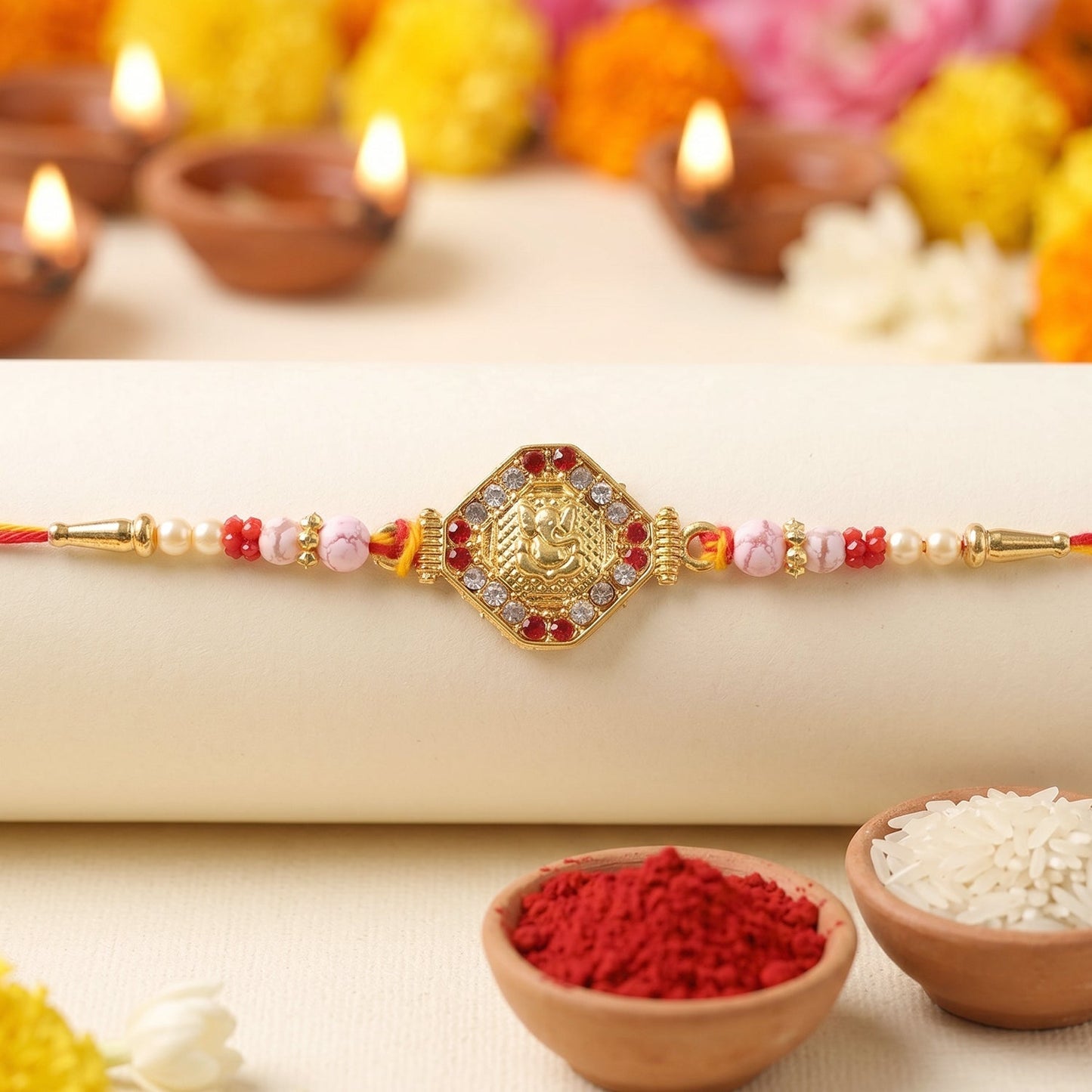 Decorative traditional rakhi with red and white stones, stylish festival accessory