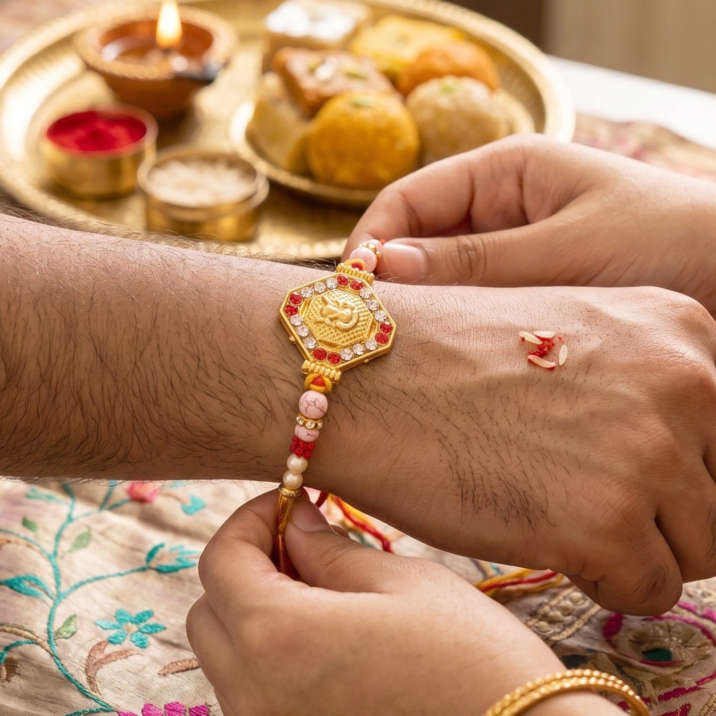 Beautiful traditional Rakhi with red and white stones on a festive backdrop