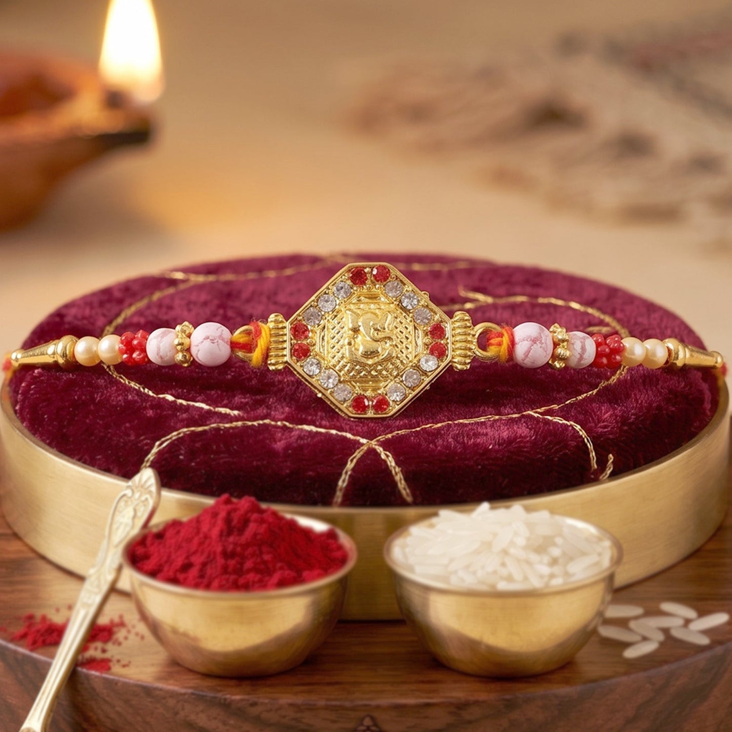 Stylish festive rakhi with intricate beadwork and decorative elements