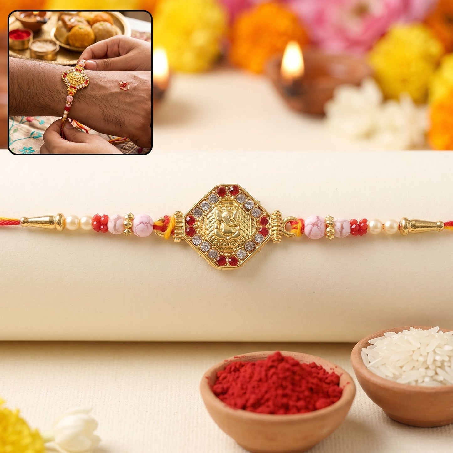 Close-up of designer rakhi with attractive beaded detailing and elegant design