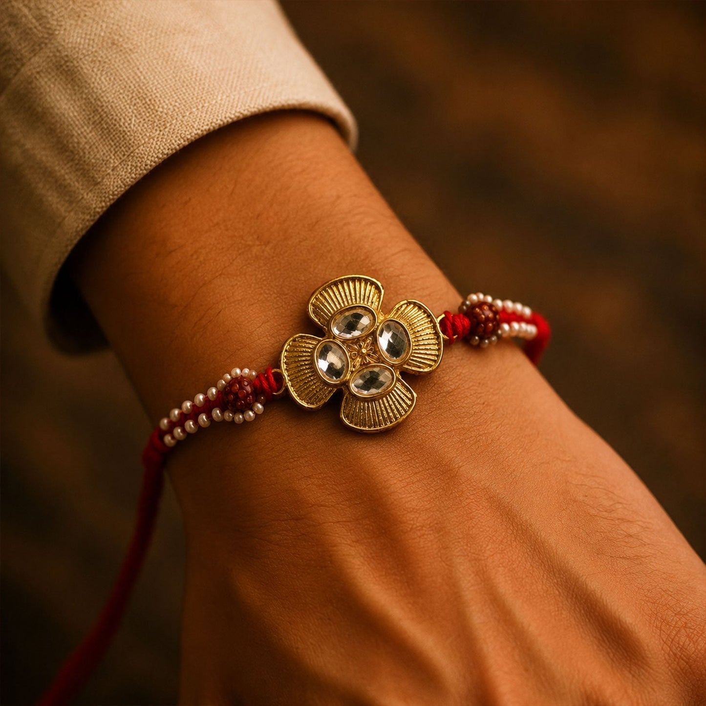 Elegant Golden Kundan Flower Rakhi with detailed thread design