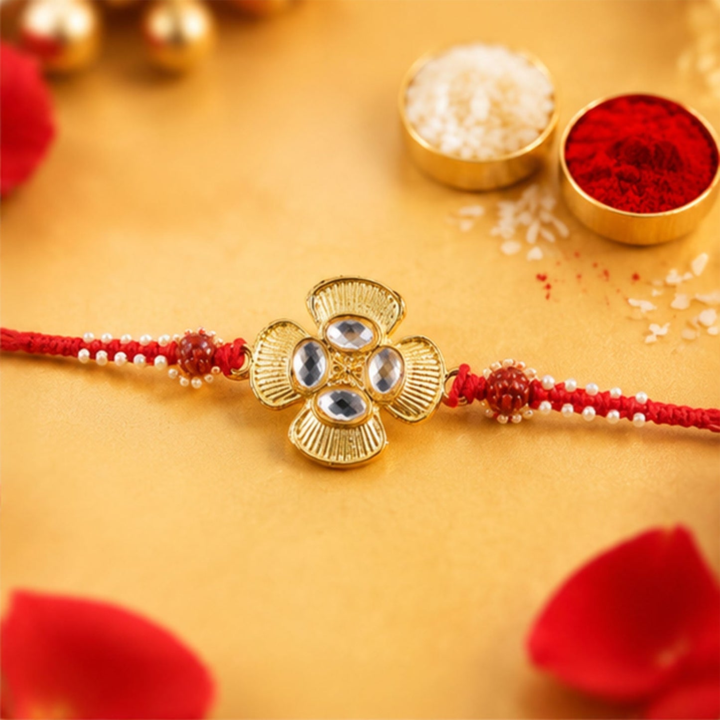 Decorative Golden Kundan Rakhi with beads and thread