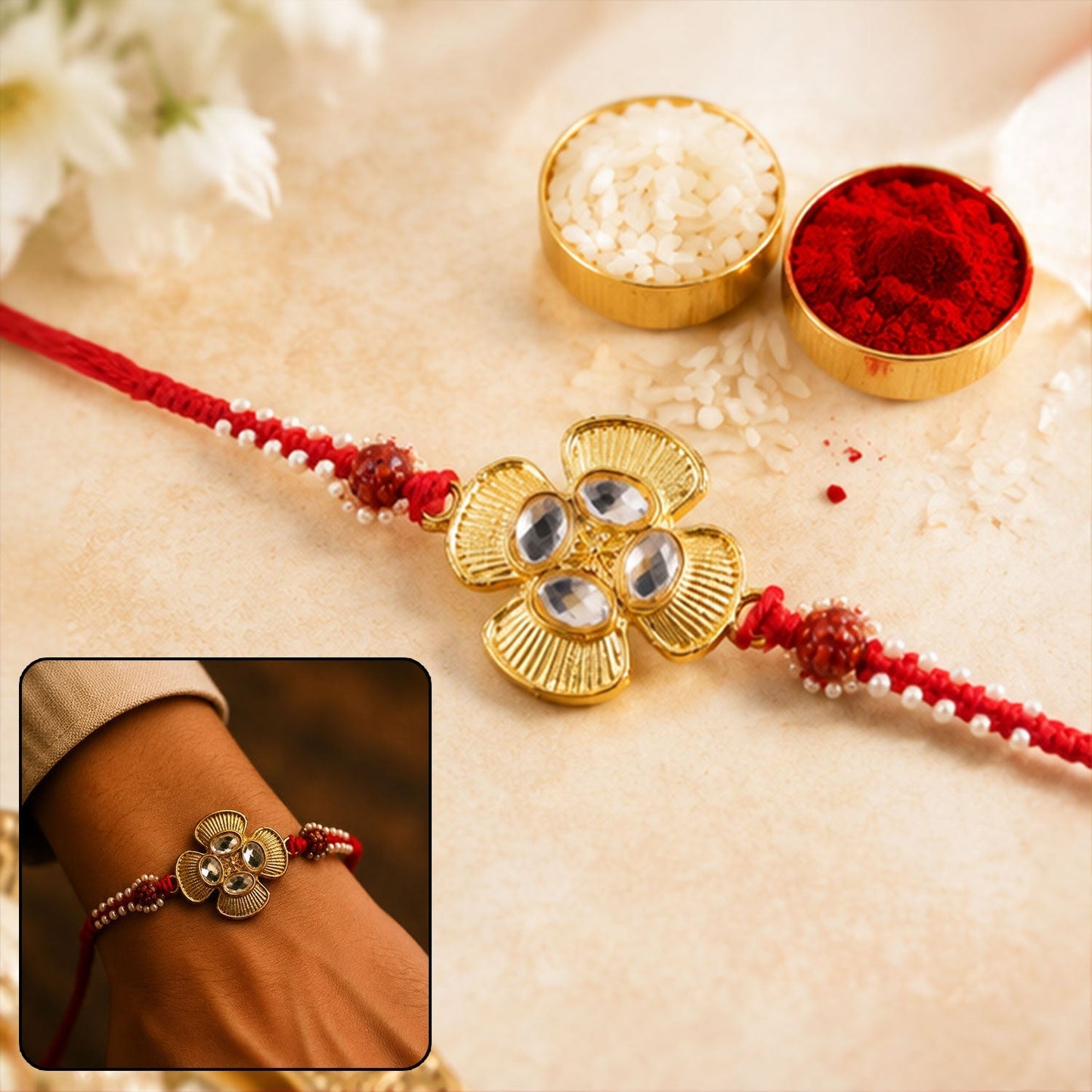 Golden Kundan Flower Rakhi with Rudraksha bead on a white background, front view