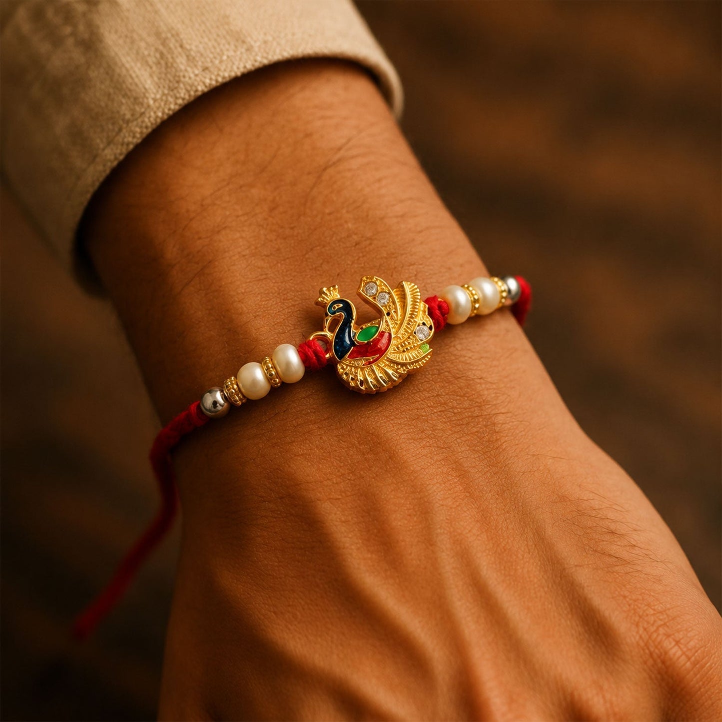 Close-up of the intricate meenakari work and pearl embellishments on the peacock rakhi.