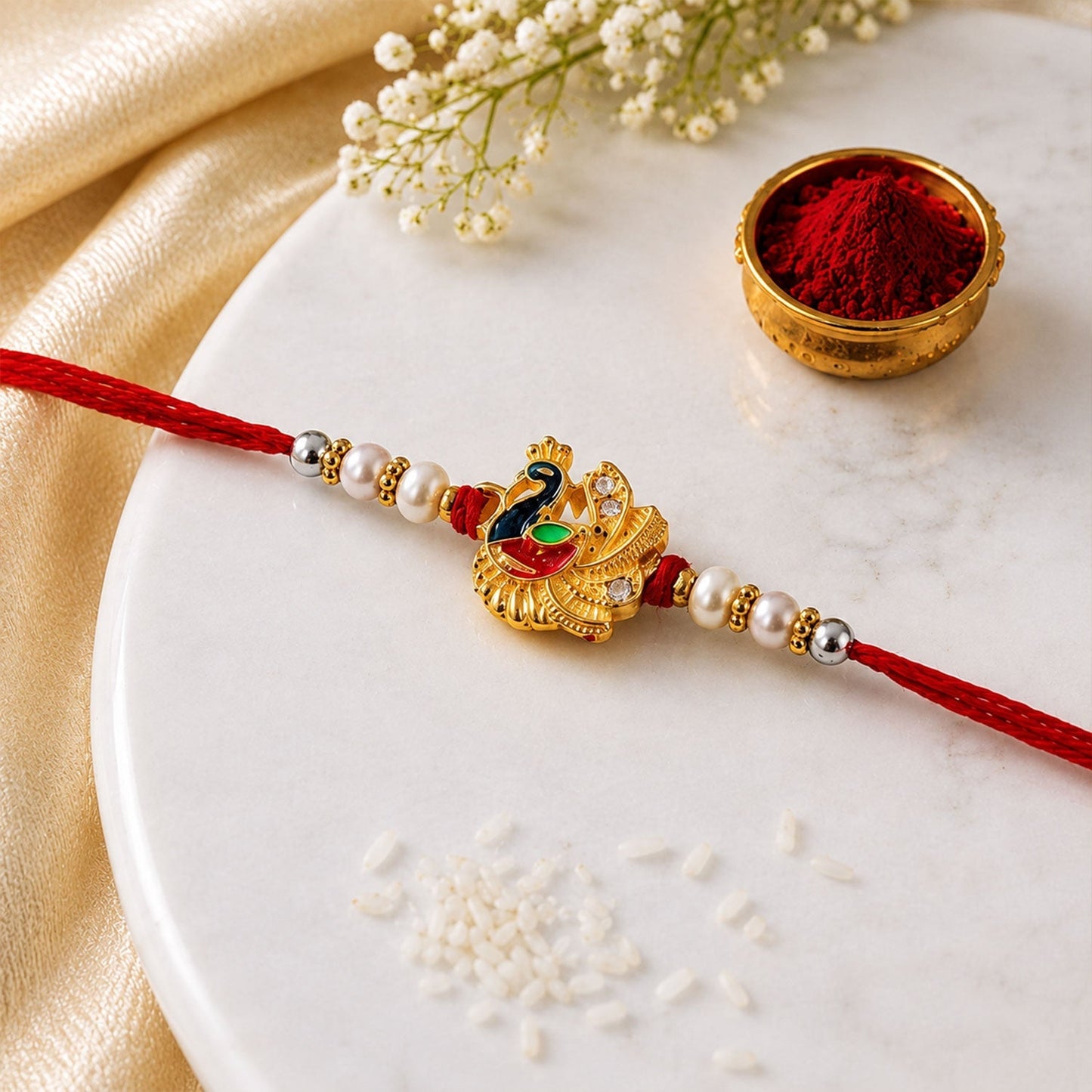 Stylish traditional rakhi featuring a colorful peacock motif with pearls and beads.