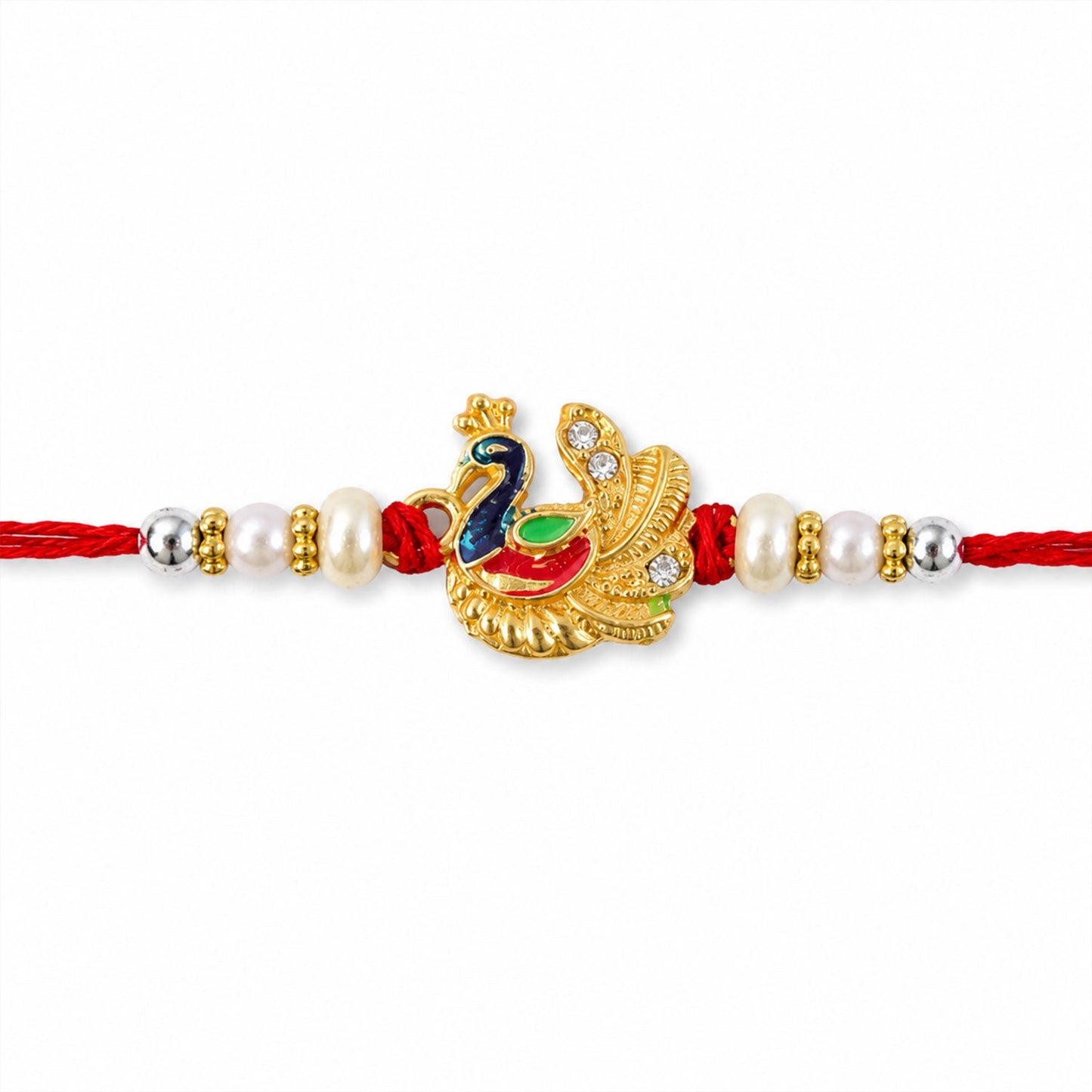 Decorative peacock motif rakhi with detailed meenakari and pearls for Raksha Bandhan.
