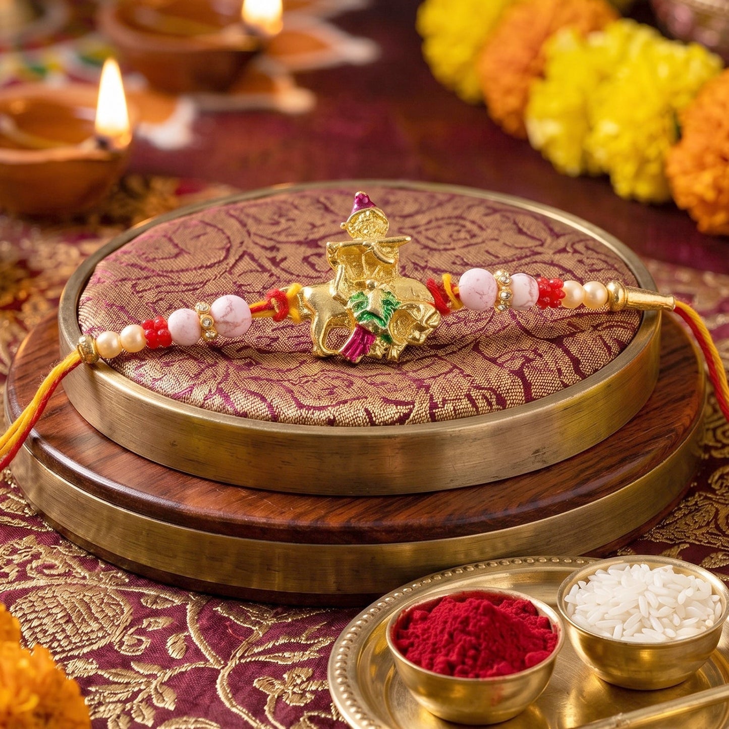 Elegant Bal Gopal Krishna cow flute rakhi ready for Raksha Bandhan celebration