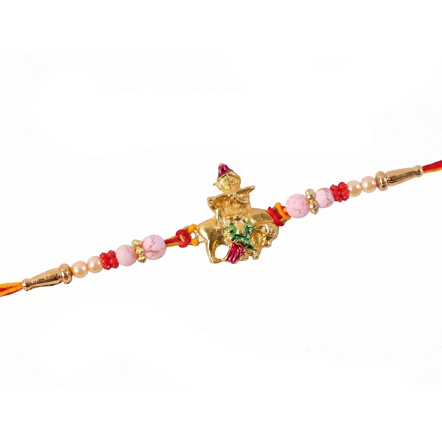 Beautifully crafted Bal Gopal Krishna cow flute rakhi on display