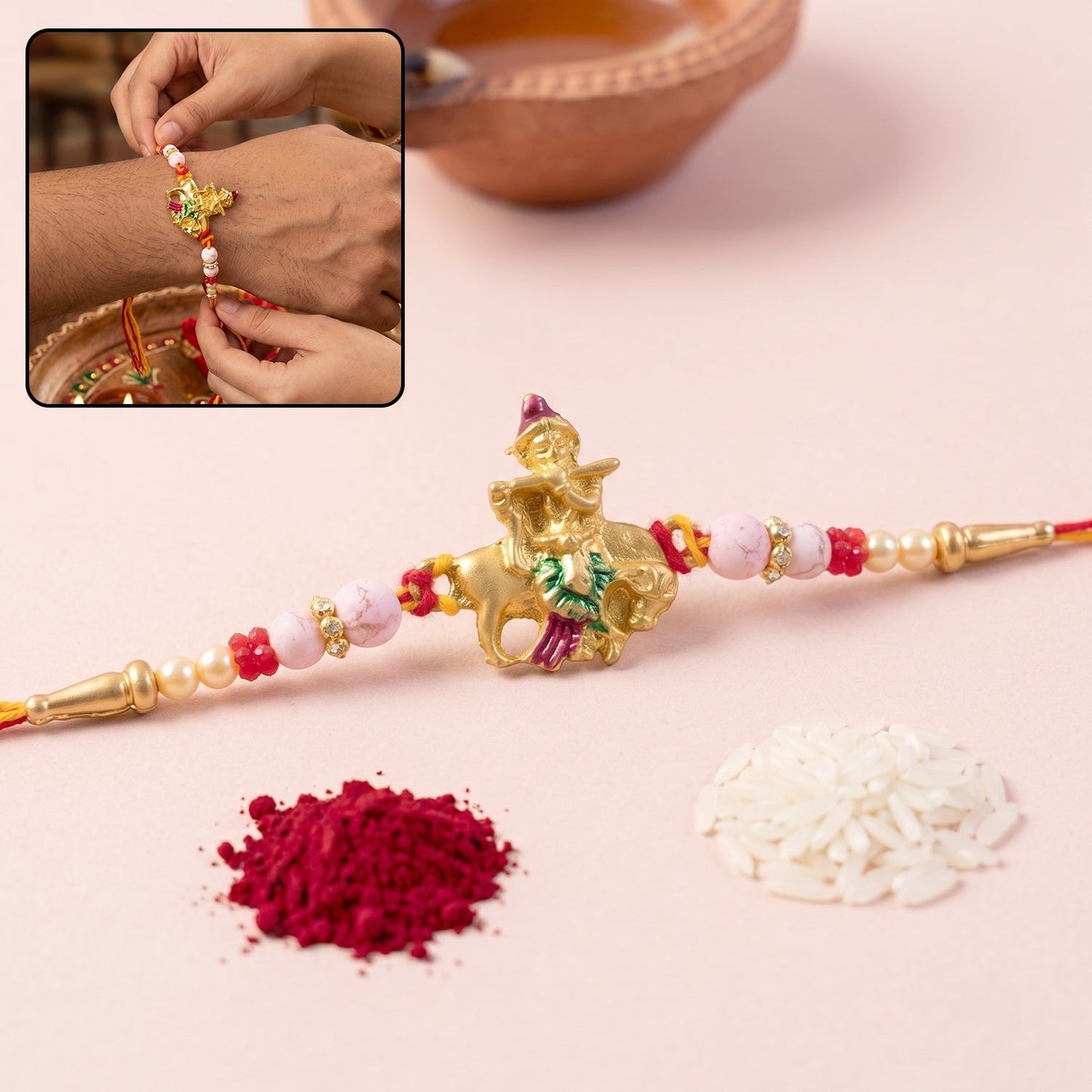 Beautiful Bal Gopal Krishna cow flute design rakhi with decorative beads