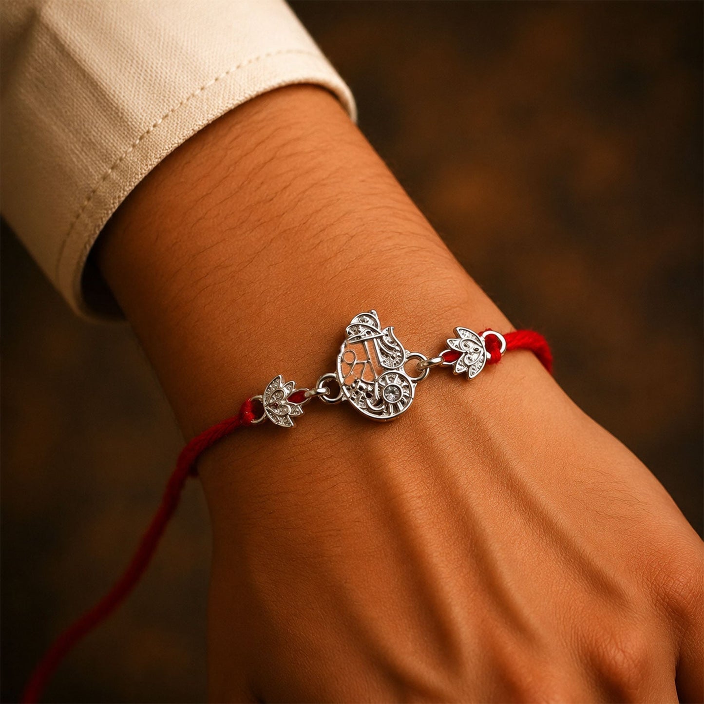 Stylish oxidised silver Krishna Rakhi featuring traditional motifs and embellishments