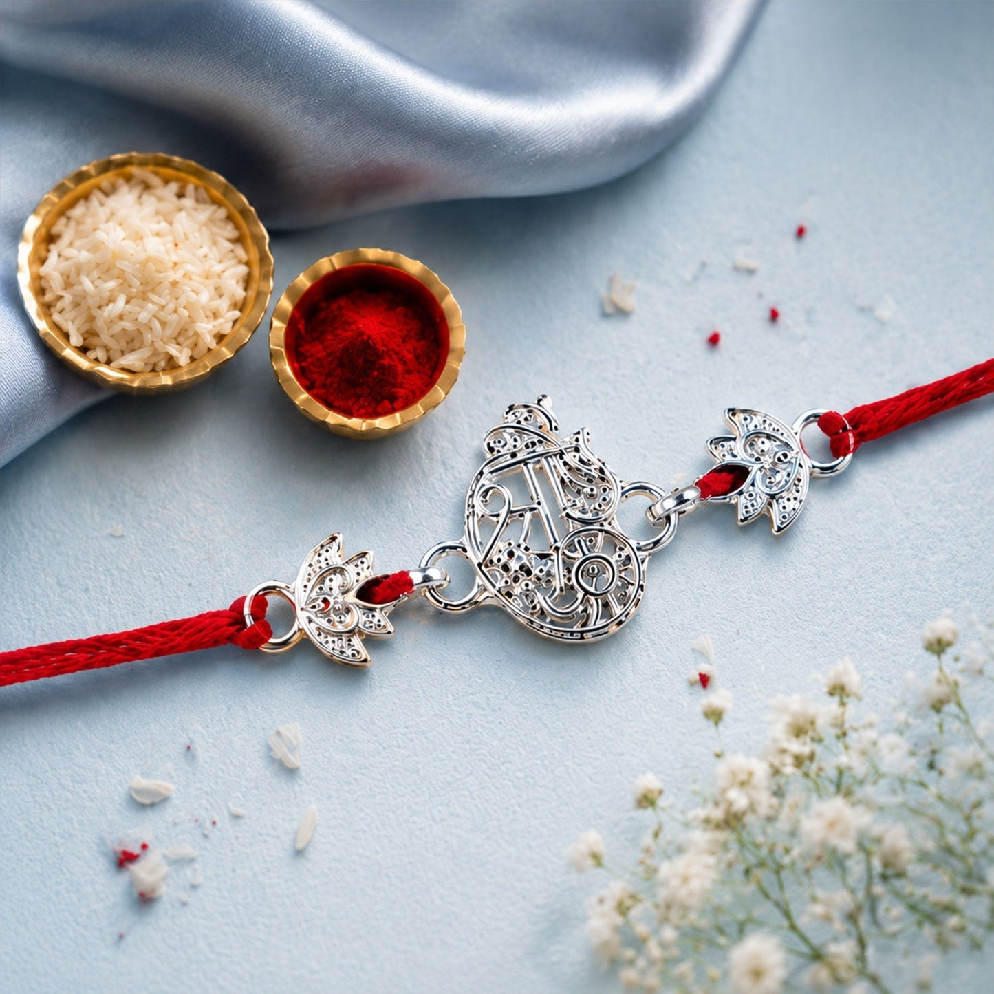 Elegant oxidised silver Krishna Rakhi with attractive center design
