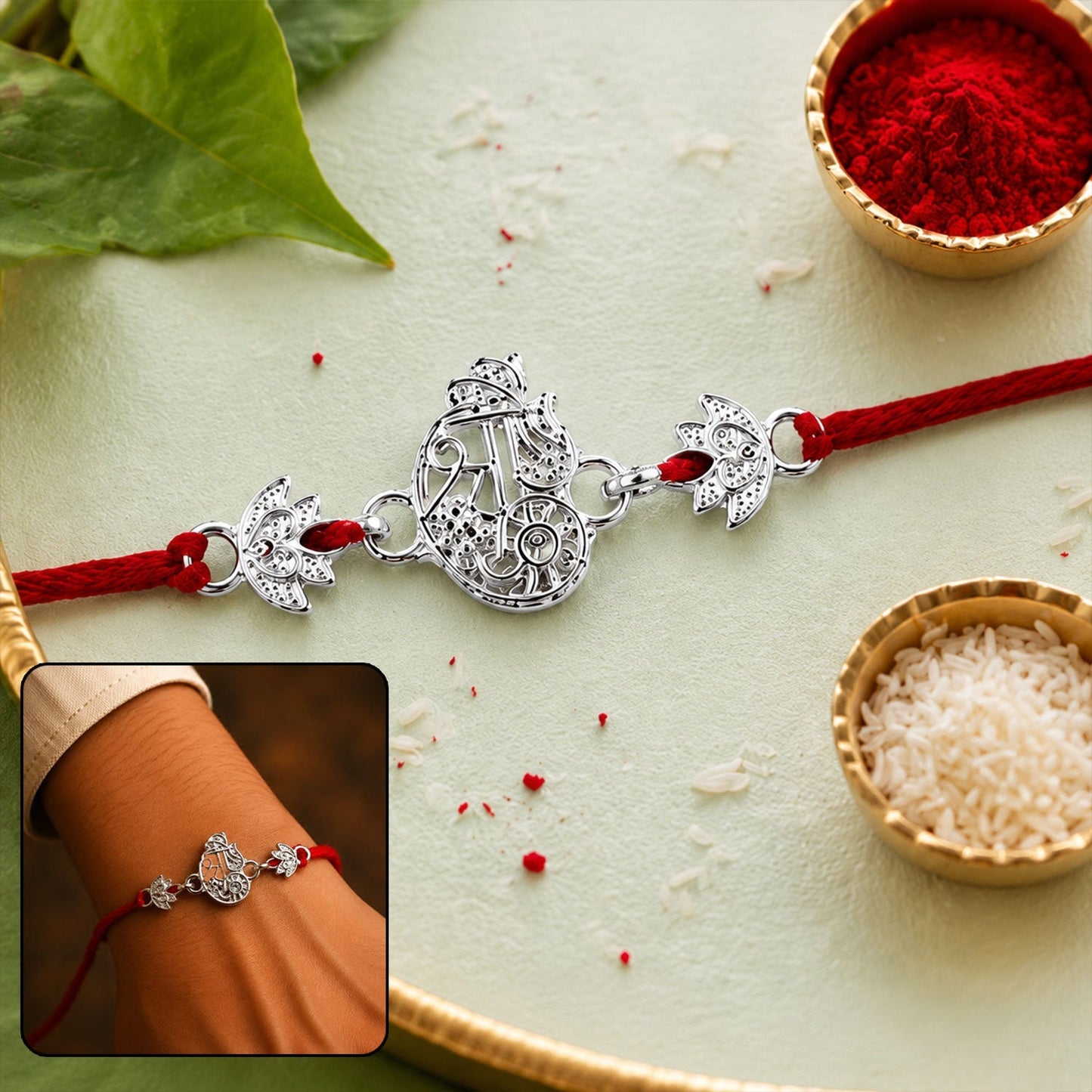 Beautiful oxidised silver Krishna Rakhi with decorative beads and intricate design