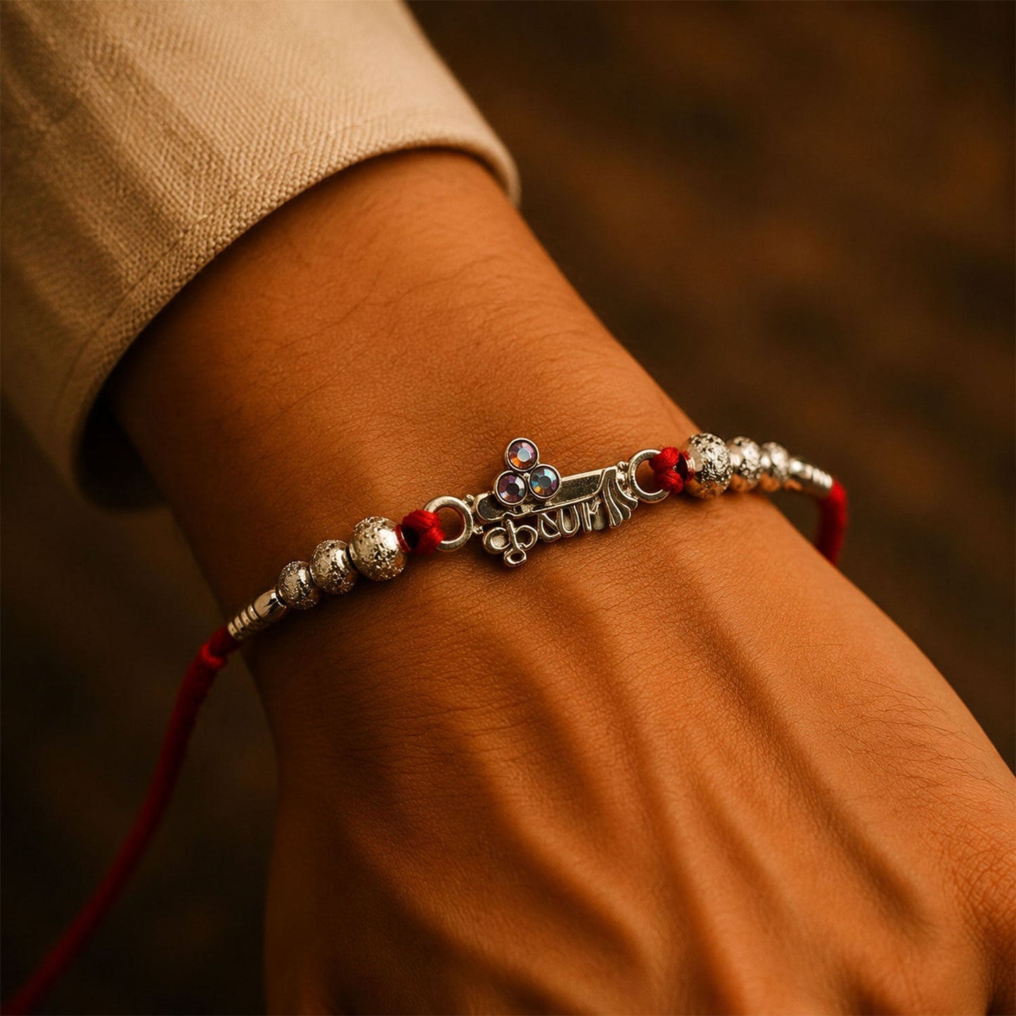 Traditional Krishna motif on festive oxidised rakhi for brothers
