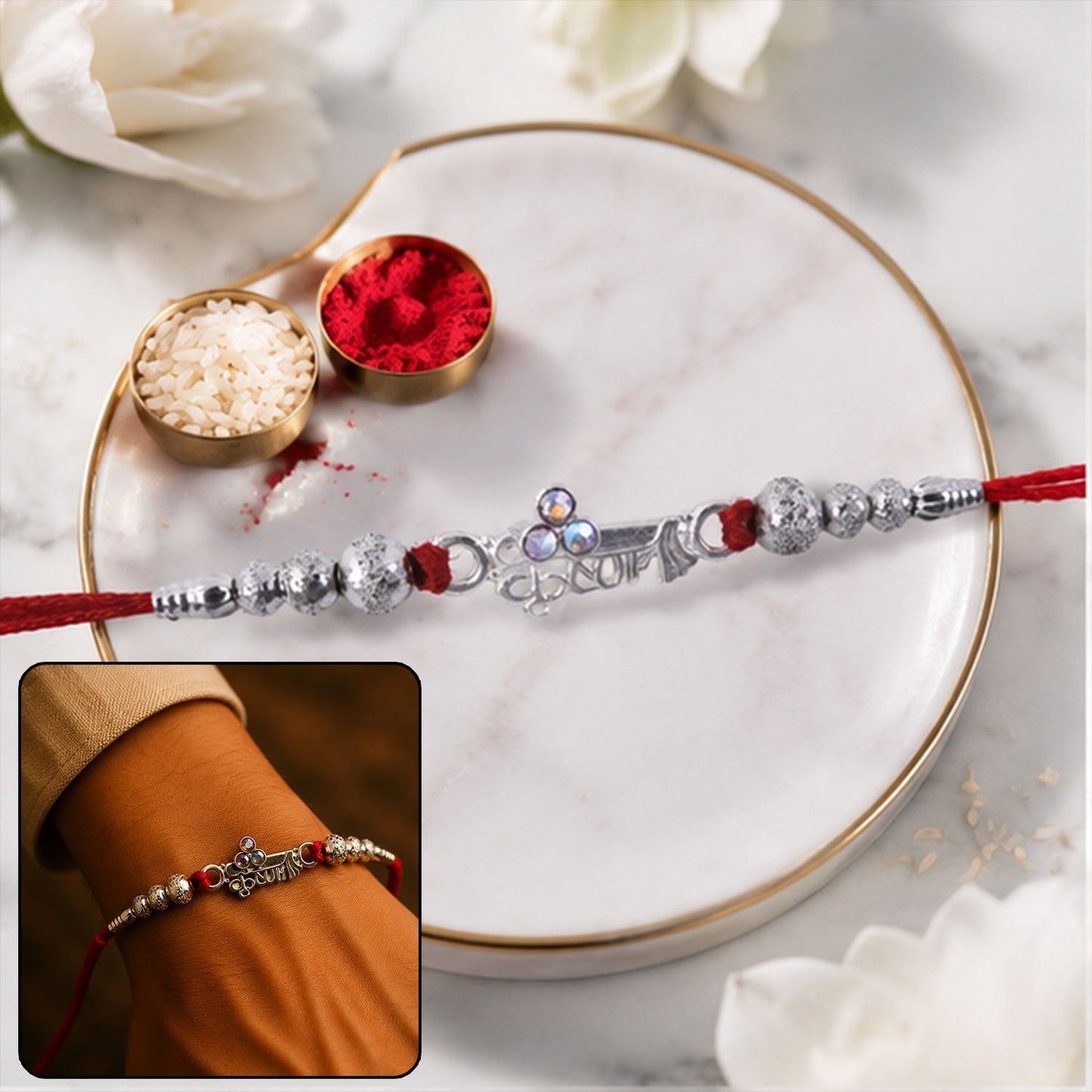 Oxidised Krishna beaded rakhi with decorative elements for Raksha Bandhan