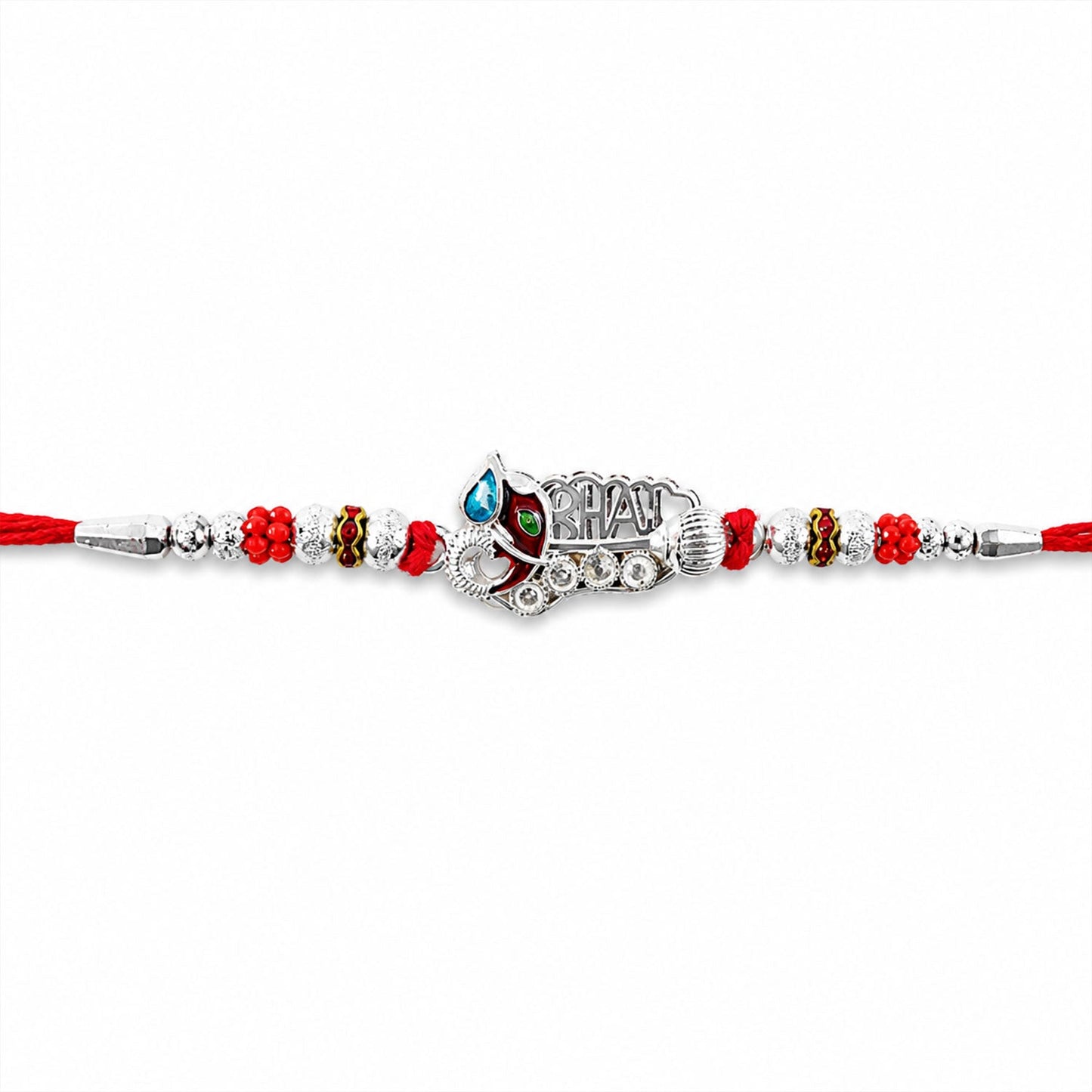 Close-up of traditional meenakari detailing on silver rakhi
