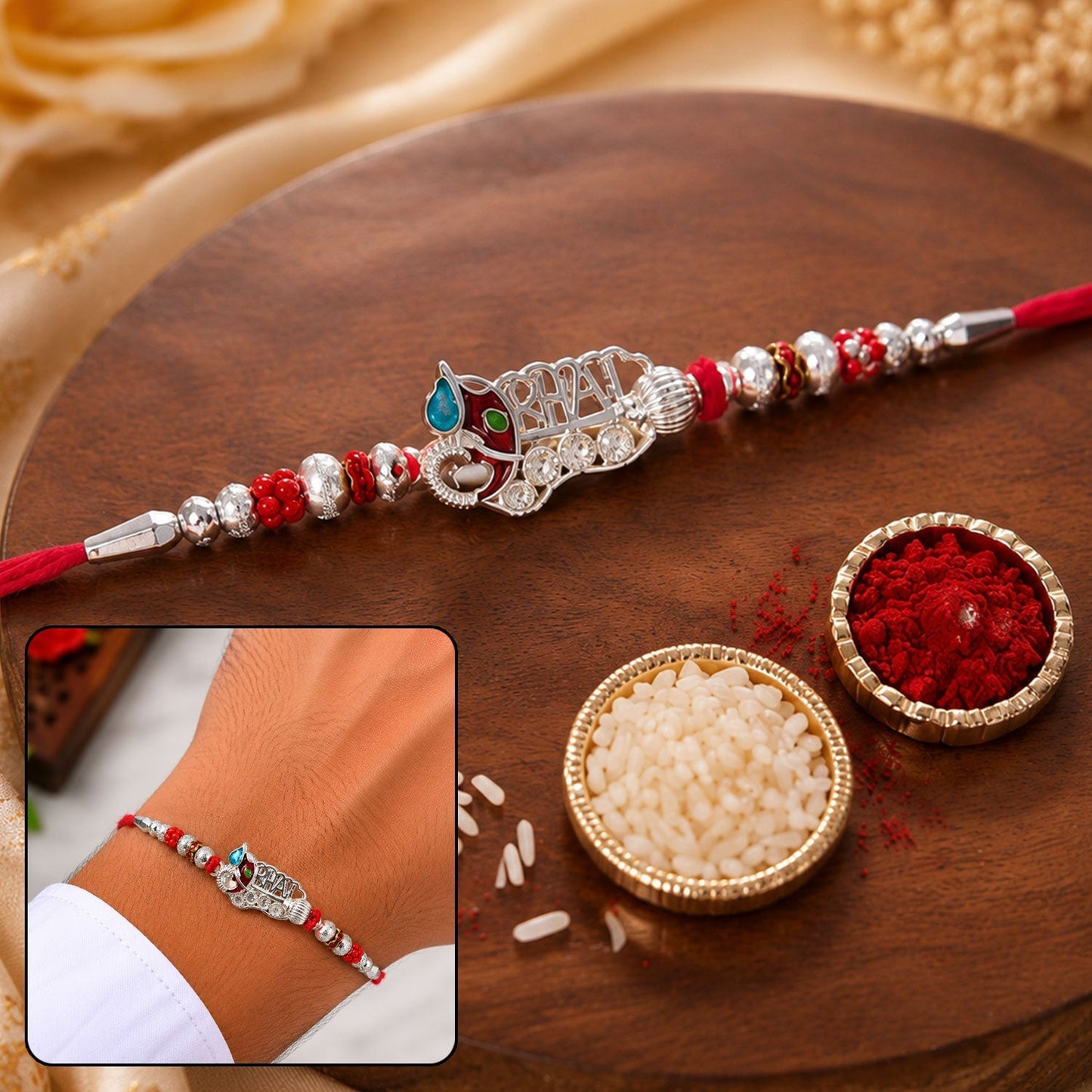 Beautiful oxidised silver meenakari rakhi with intricate design and beads
