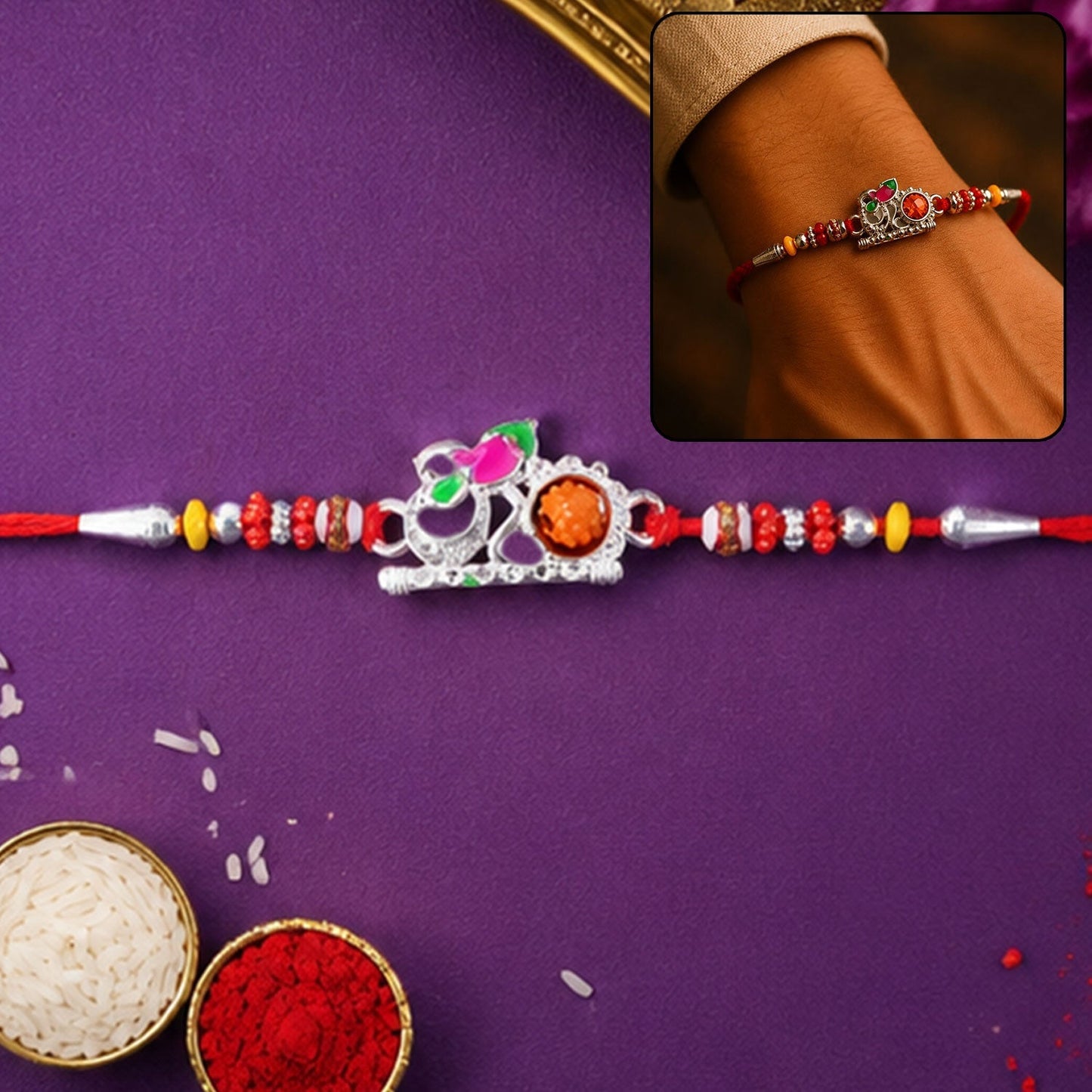 Vibrant multicolour Om kids rakhi with beads and traditional design
