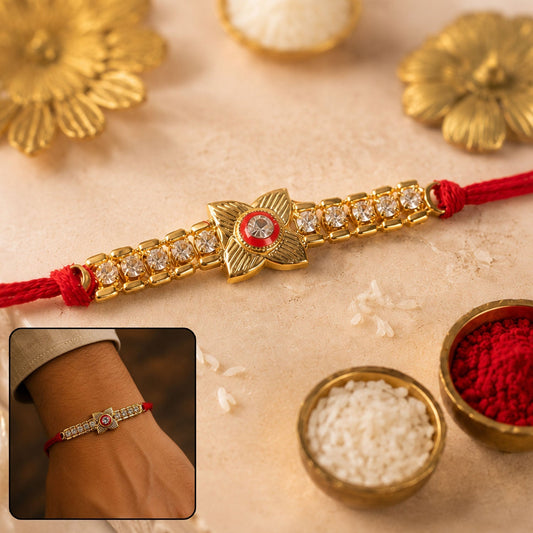Elegant gold-plated kundan and American diamond rakhi for brother