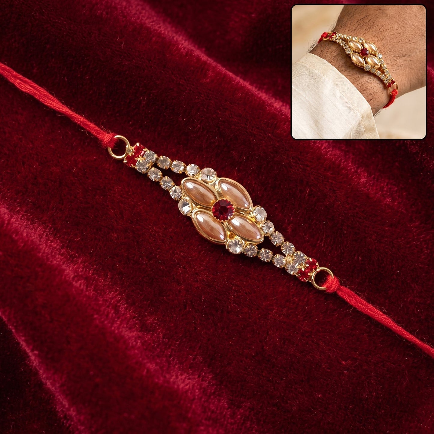 Stone Floral Rakhi with pink pearl beads, close-up view.