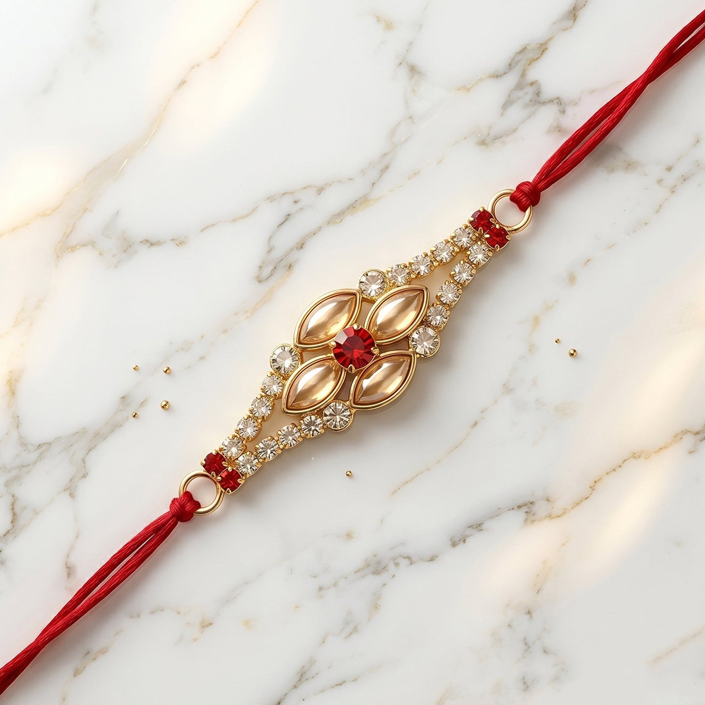 Design details of the Stone Floral Rakhi with pearl embellishments.