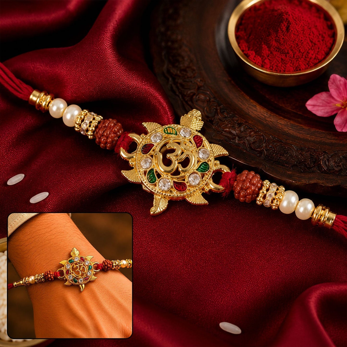 Golden tortoise Om rakhi with meenakari and Rudraksha beads for brother