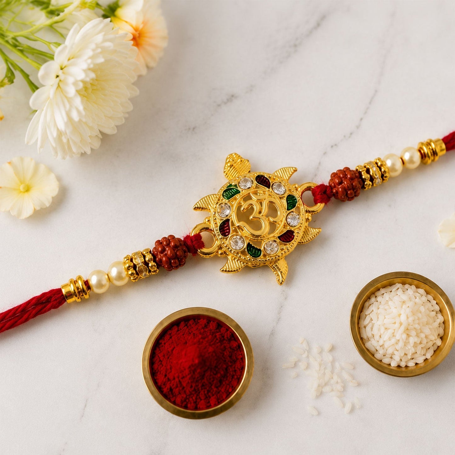 Beautifully crafted rakhi with traditional motifs and spiritual beads