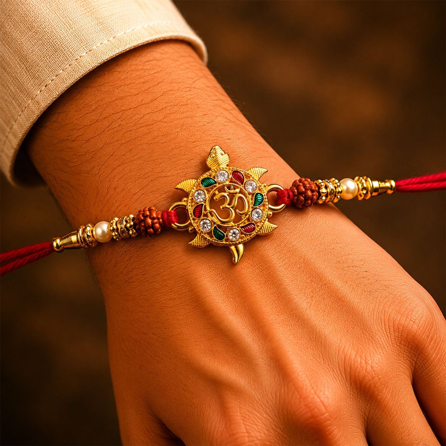 Elegant golden tortoise Om design with Rudraksha beads for rakhi gift