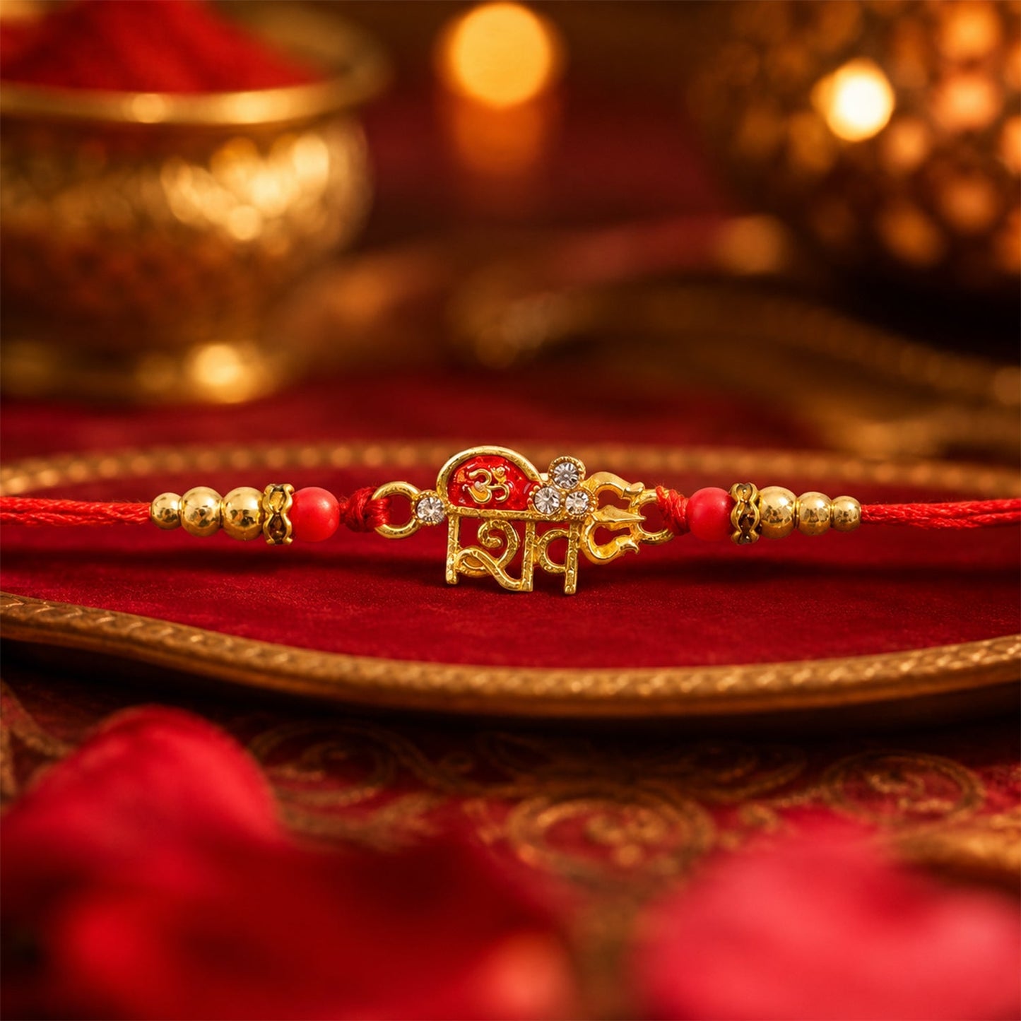 Lightweight golden Rakhi, easy to tie, ideal for siblings during Raksha Bandhan
