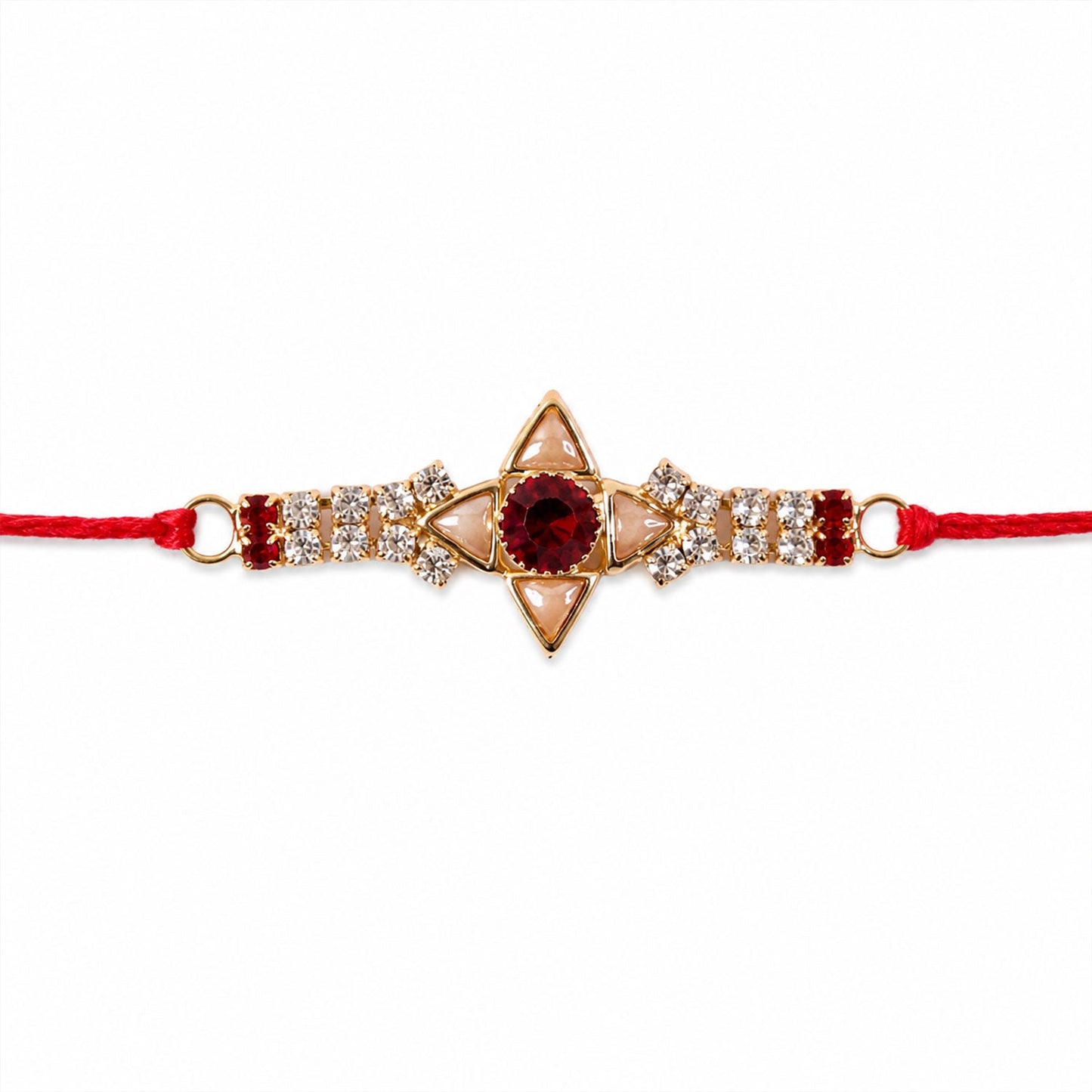 Festive rakhi featuring white and red stones with a gold star design