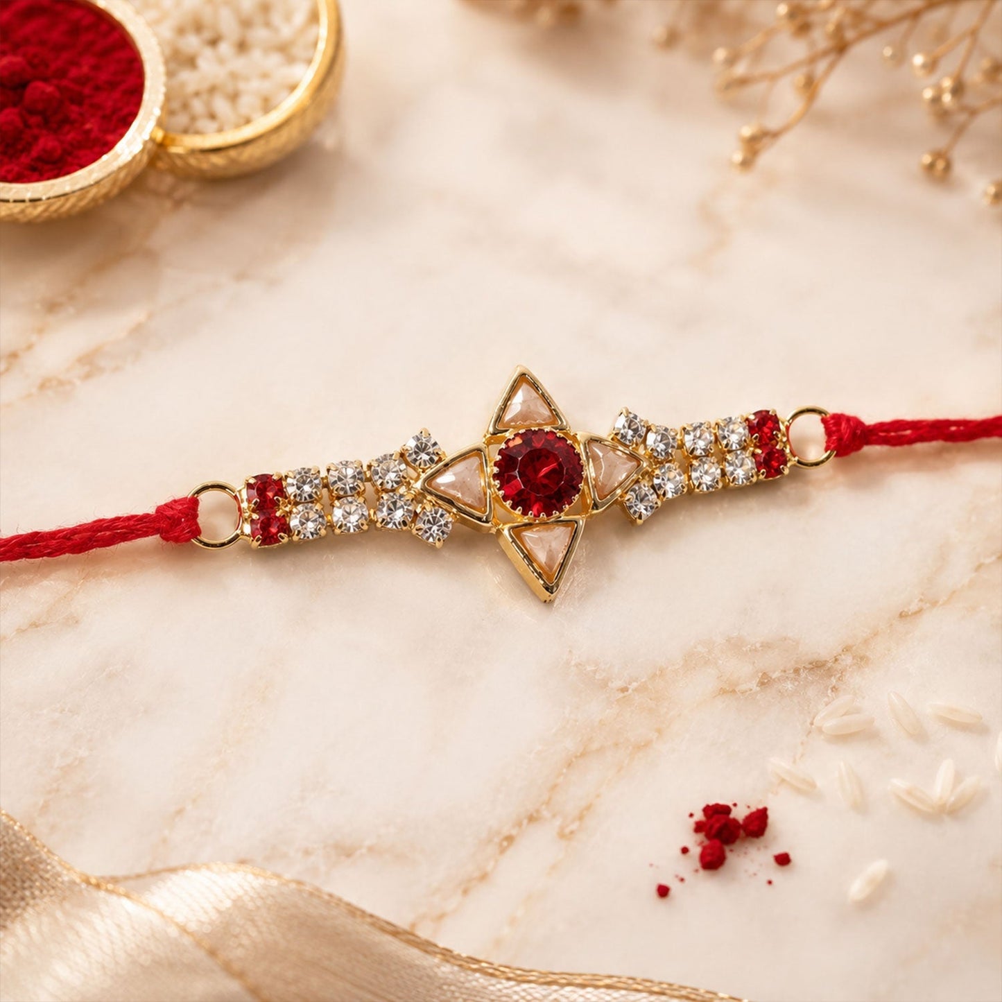 Stylish gold star rakhi with intricate white and red stone design