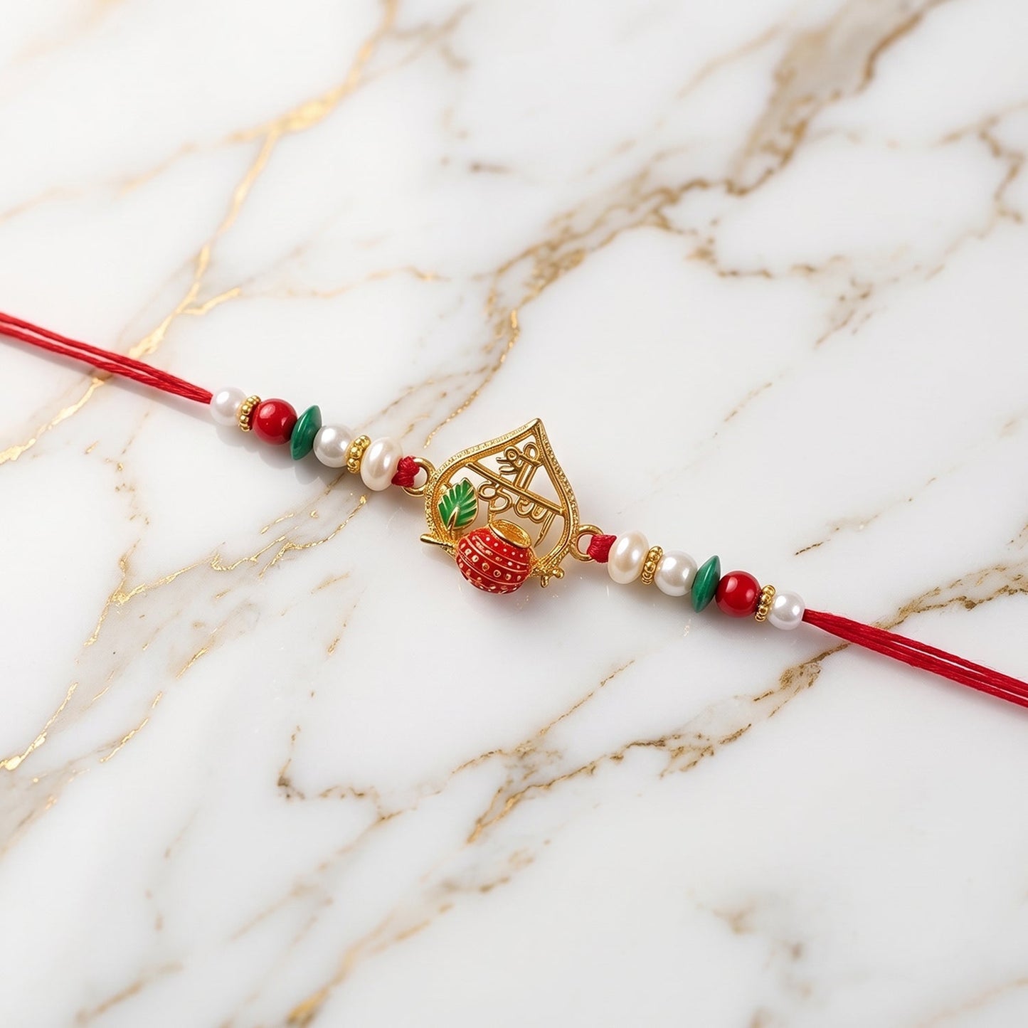 Elegant handcrafted Golden Veer Meenakari Heart Rakhi with pearls and beads