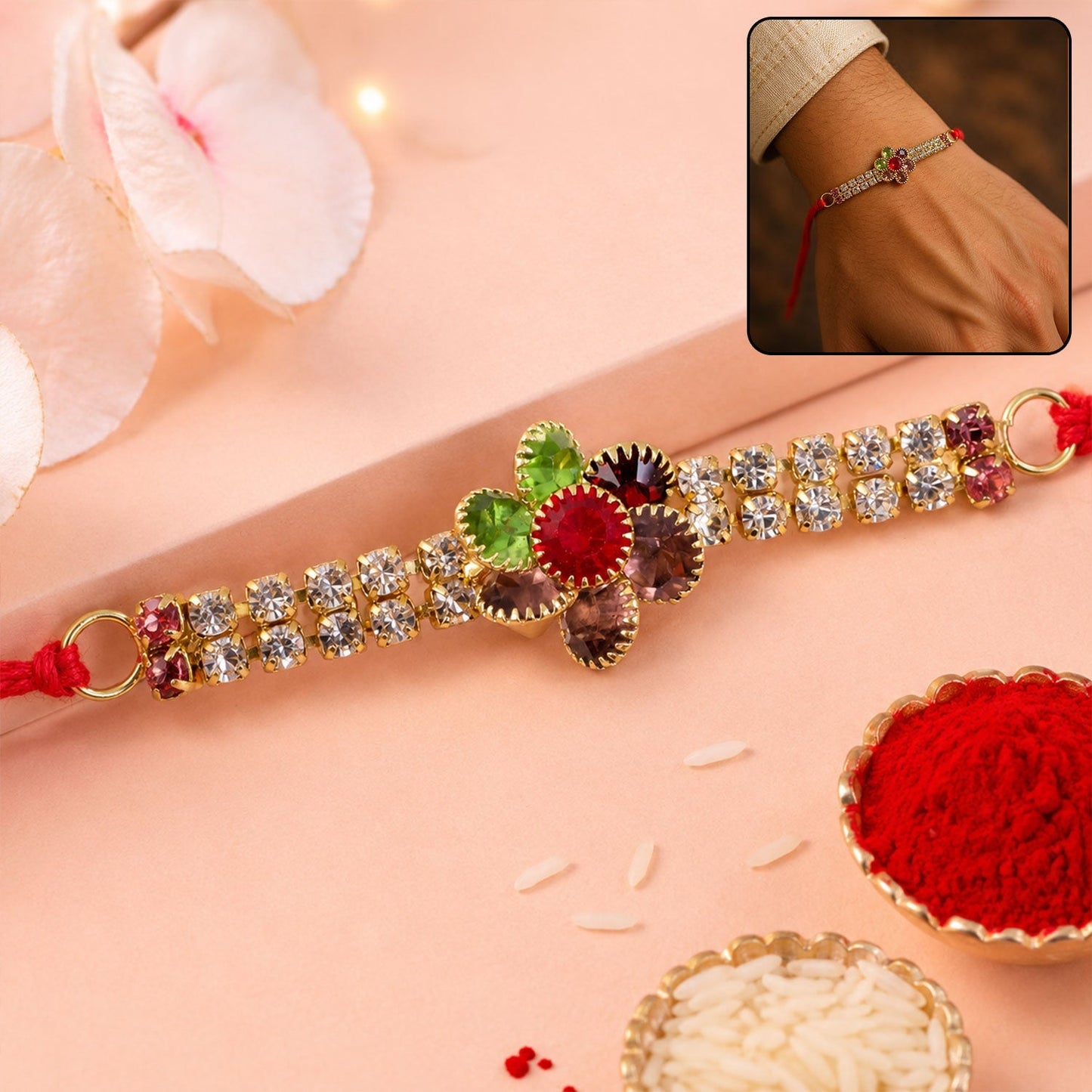 Colorful floral motif designer Rakhi with vibrant threads and festive appeal.