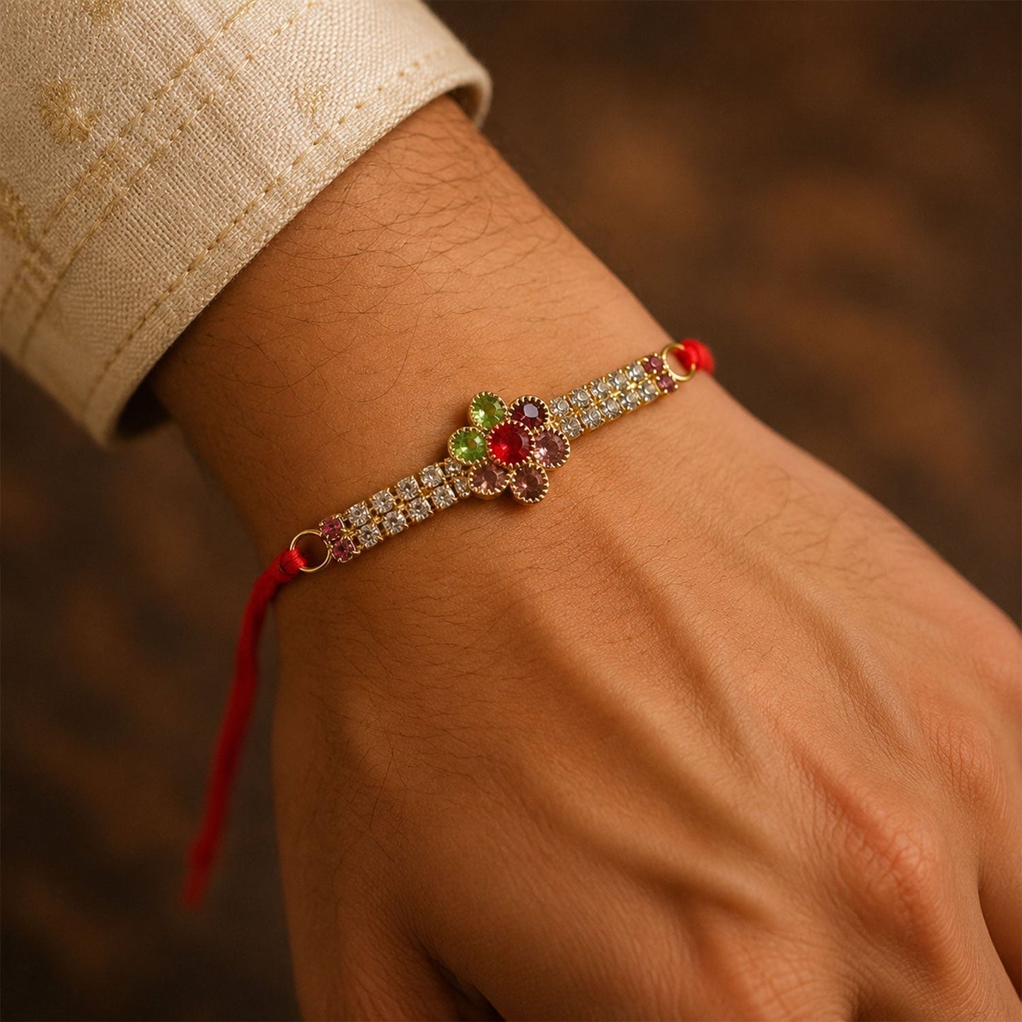 Vibrant floral-patterned Rakhi with decorative threads for brother.