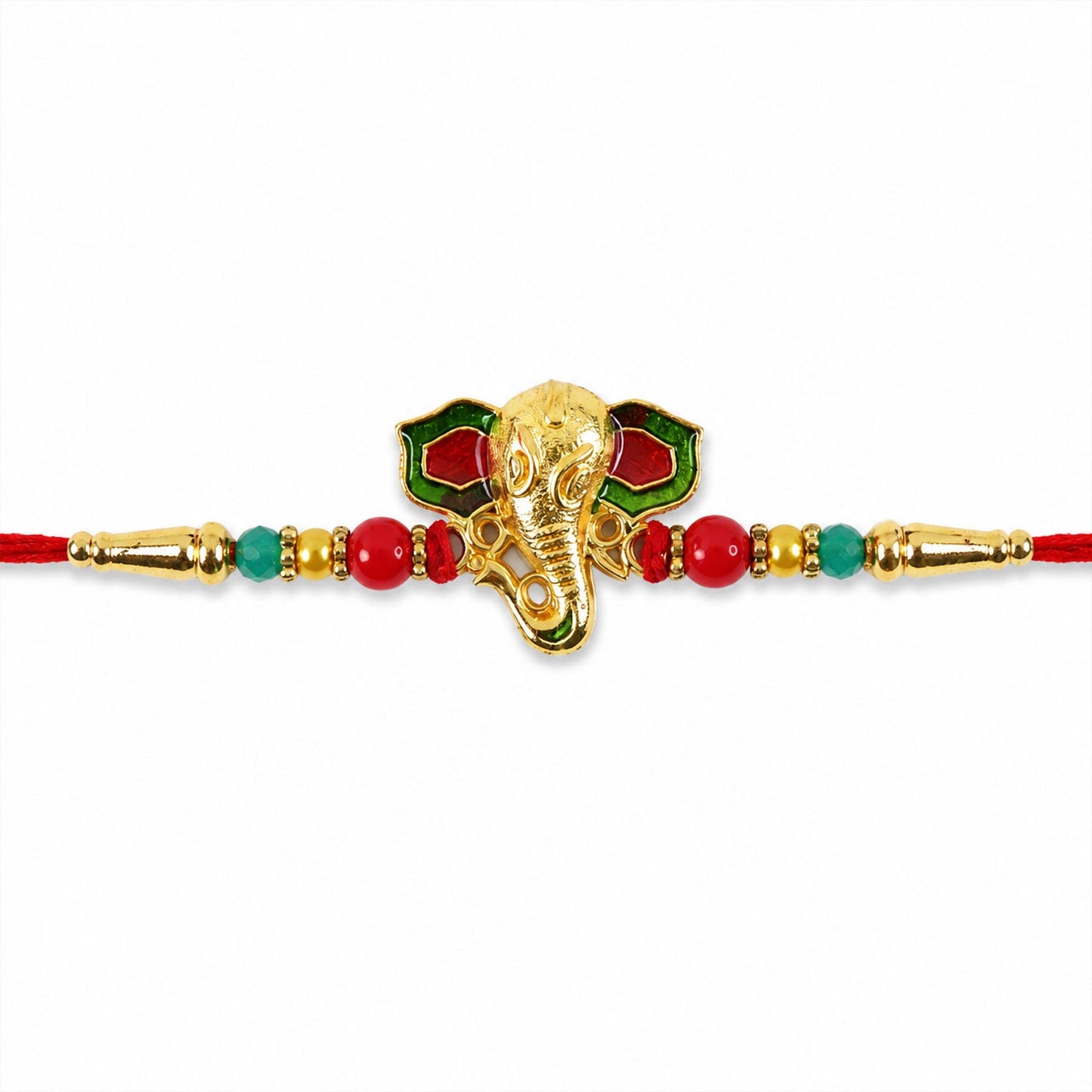 Stylish Lord Ganesha Rakhi with vibrant red and green beads