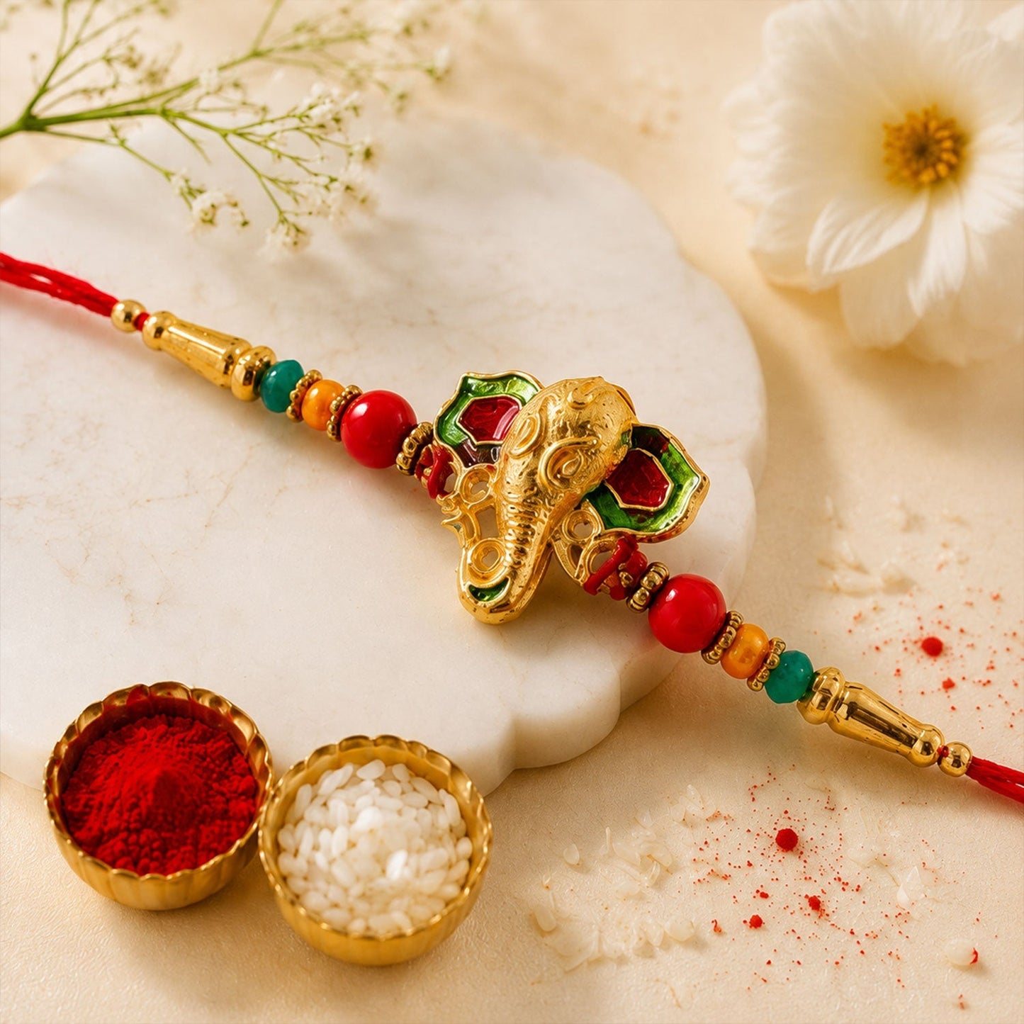 Traditional Ganesha Rakhi with golden meenakari finish and bead accents