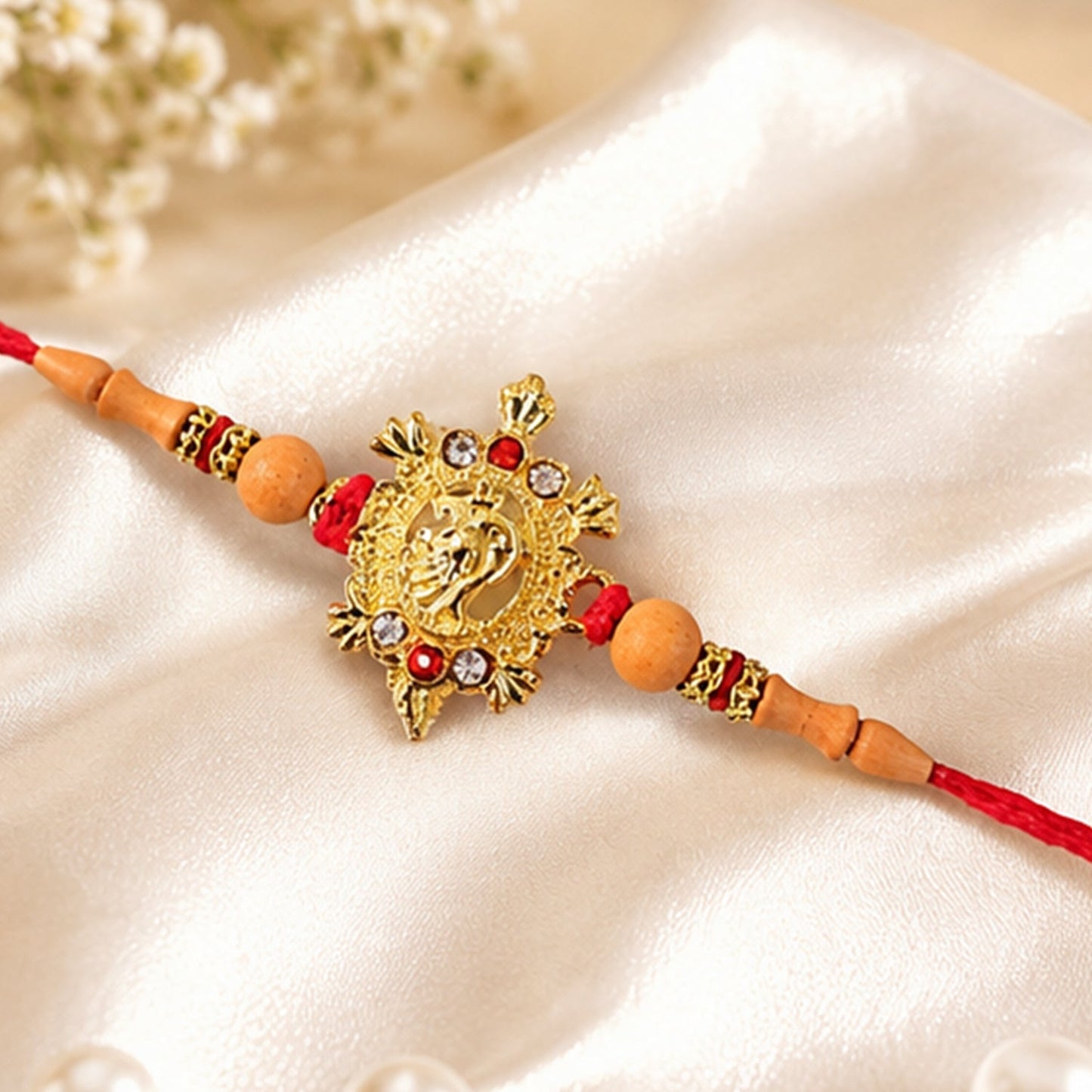 Festive Rakhi with Om symbol and beads for brother, ideal as gift.