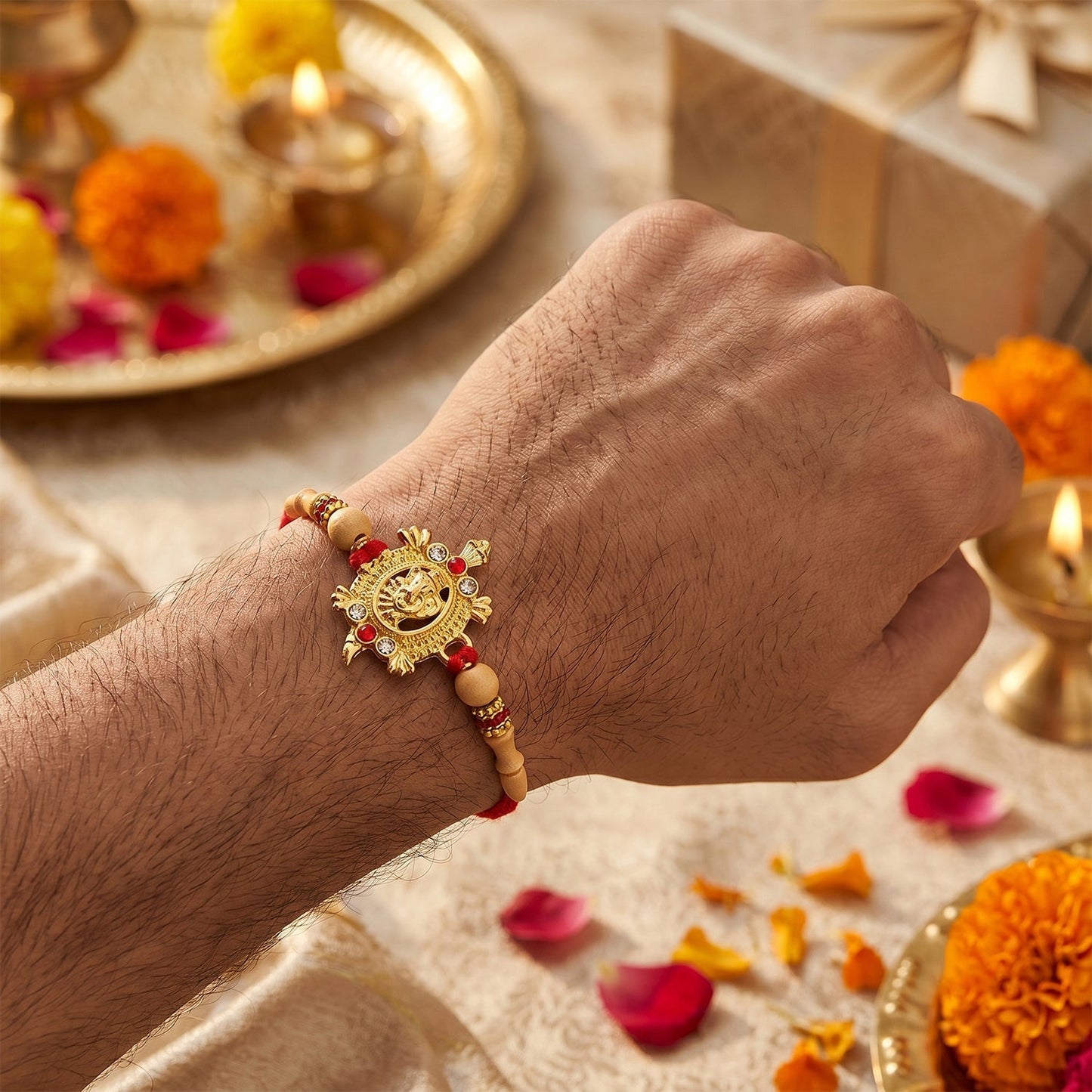 Close-up of traditional golden Om Rakhi featuring intricate beadwork.