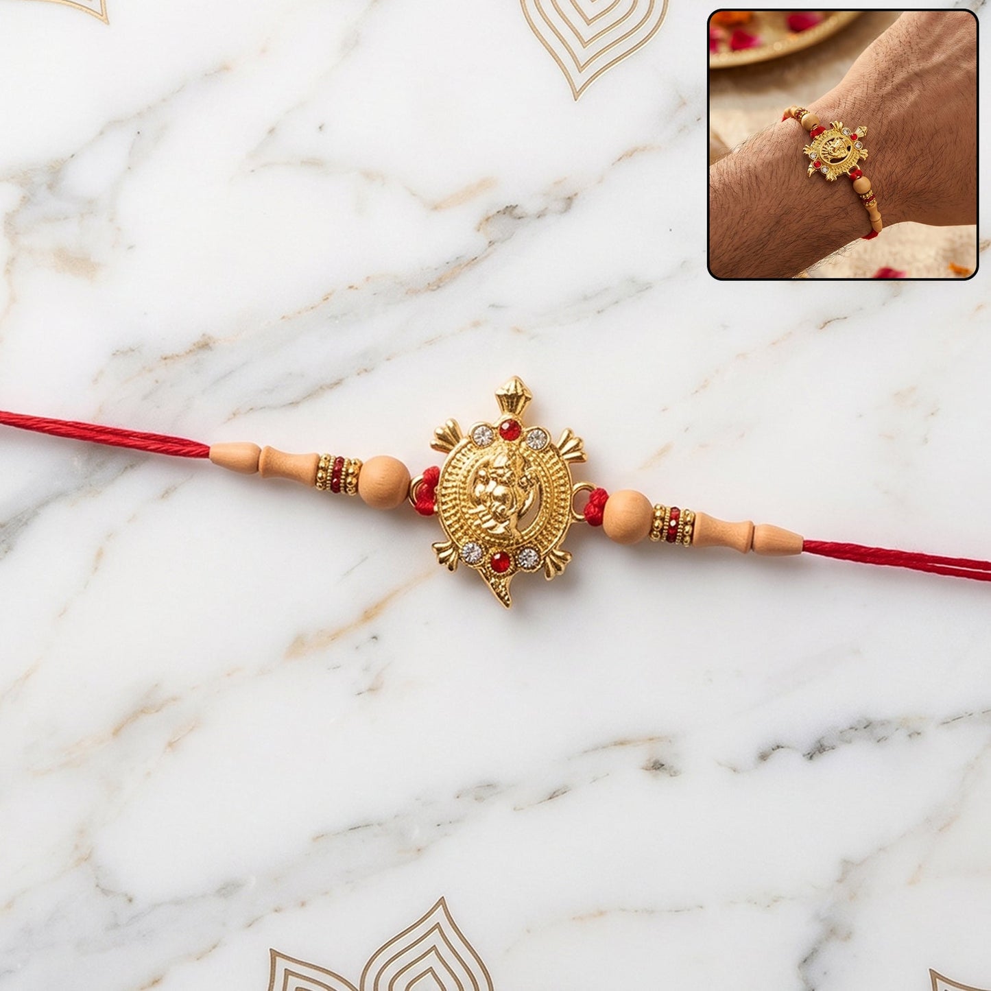 Elegant Golden Om Rakhi with beads for brother, perfect for Rakshabandhan celebration.