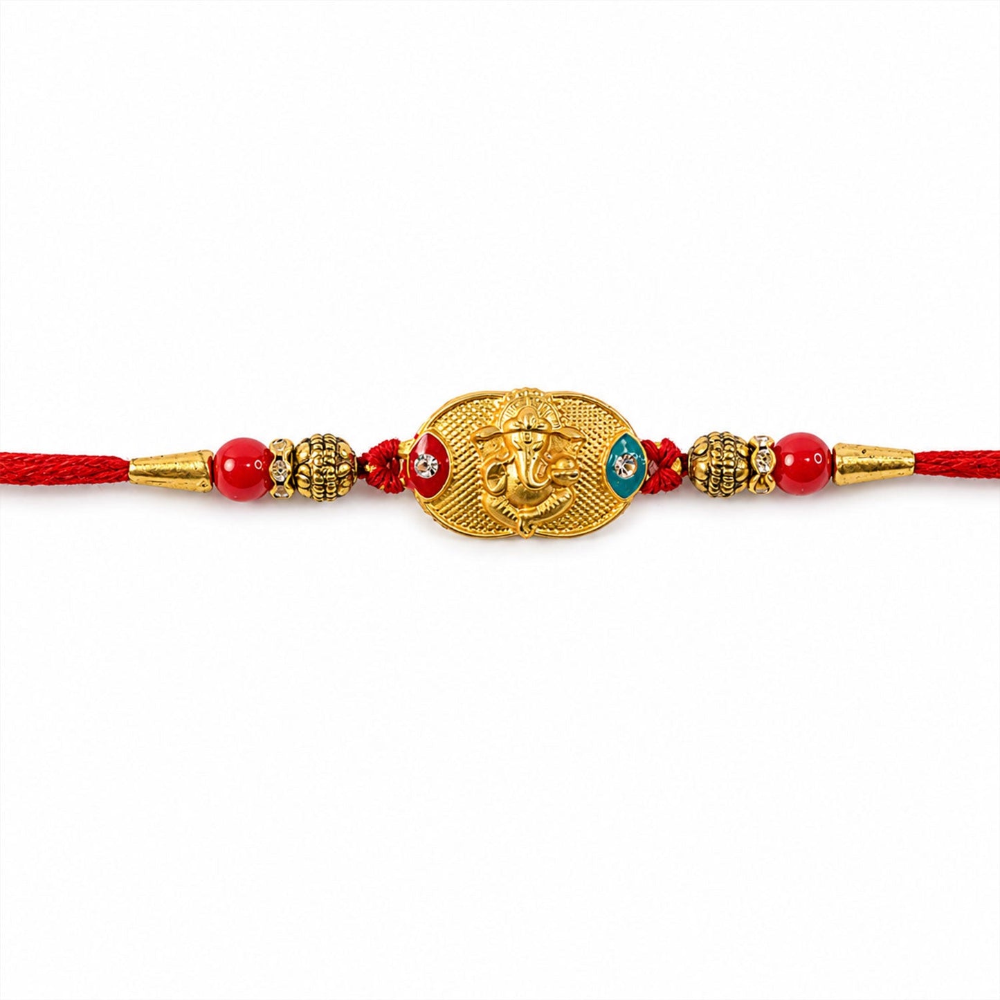 Flat display of Lord Ganesha Rakhi with red beads
