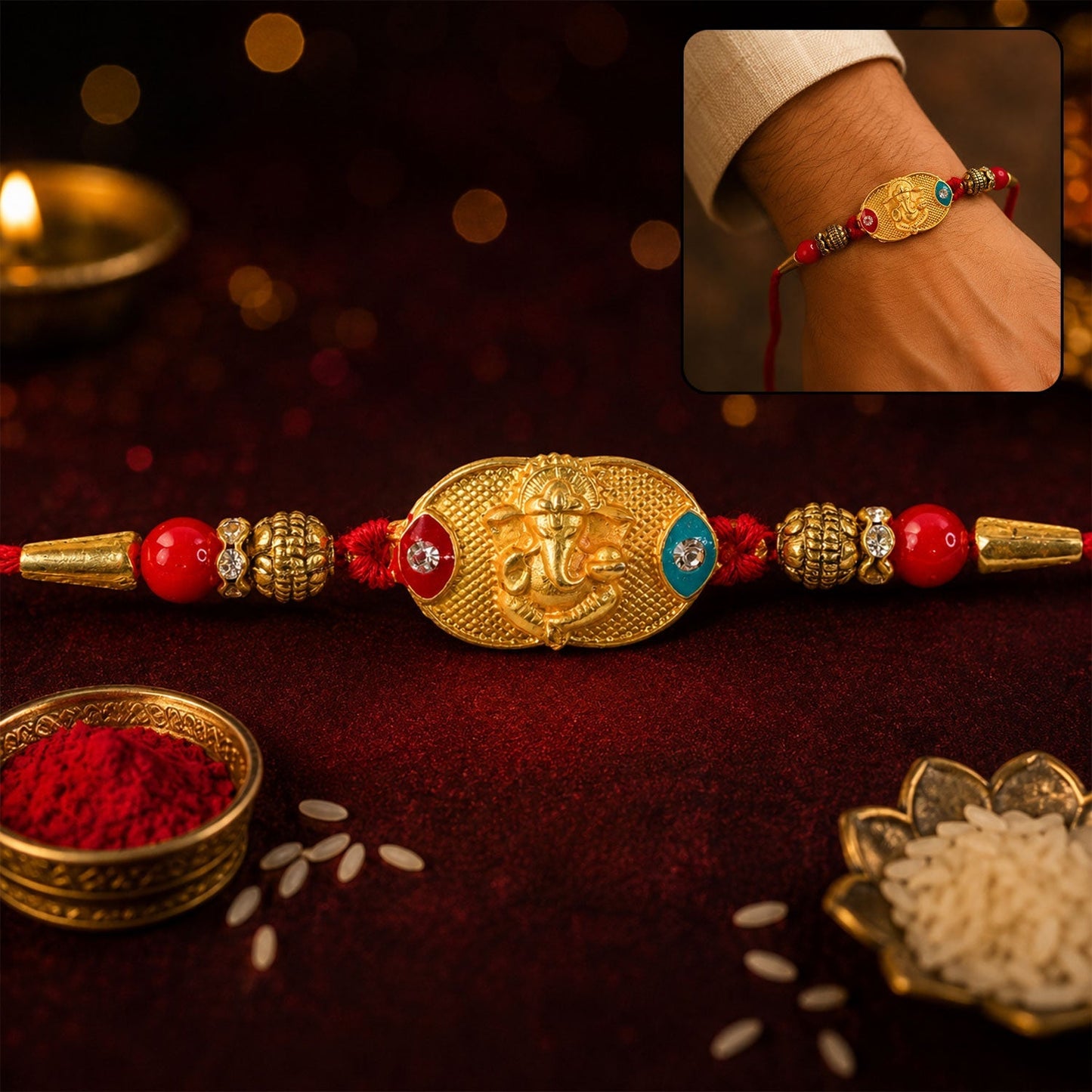 Divine Lord Ganesha gold-plated Rakhi with red beads on white background