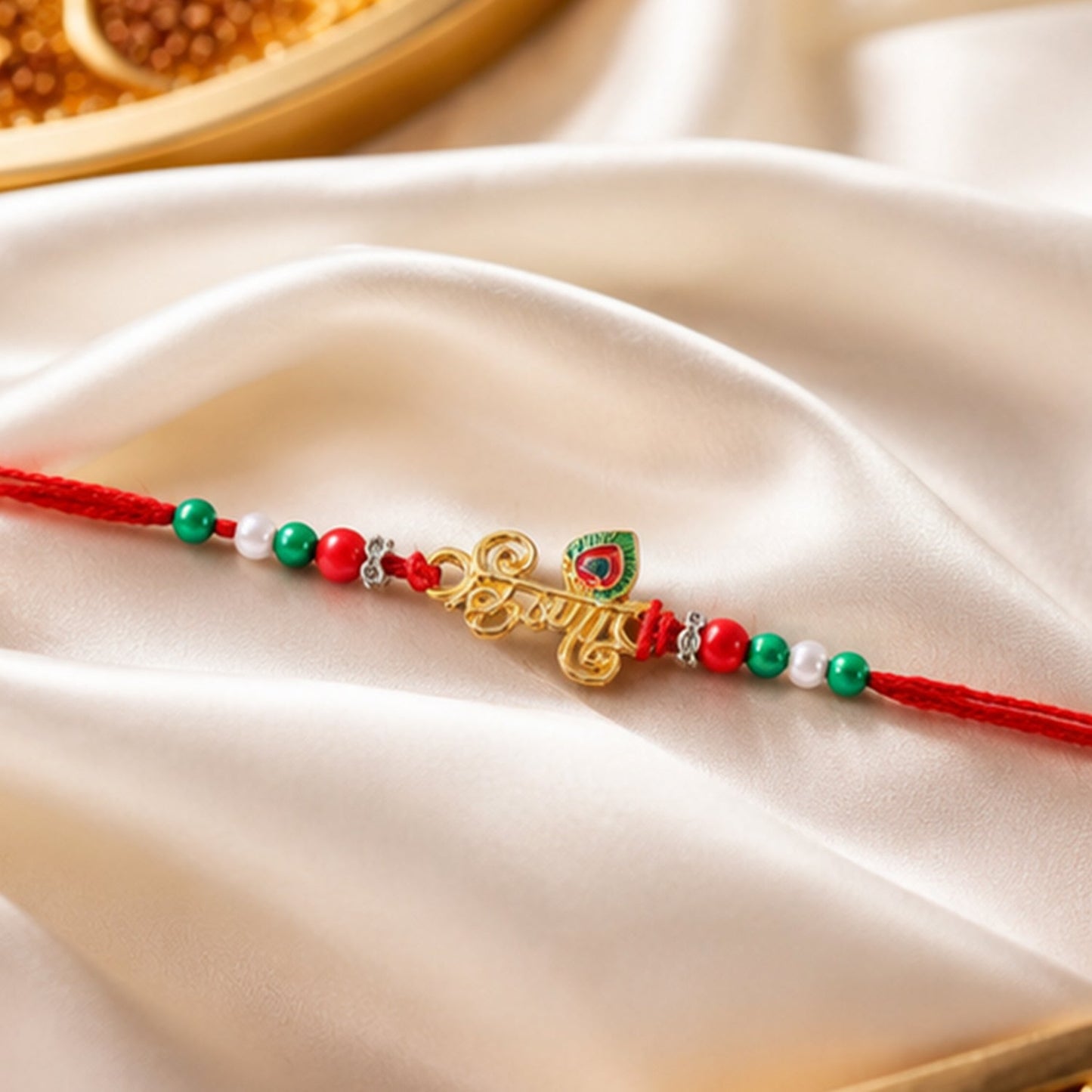 Beautiful designer Rakhi featuring Krishna text beads for Raksha Bandhan celebration