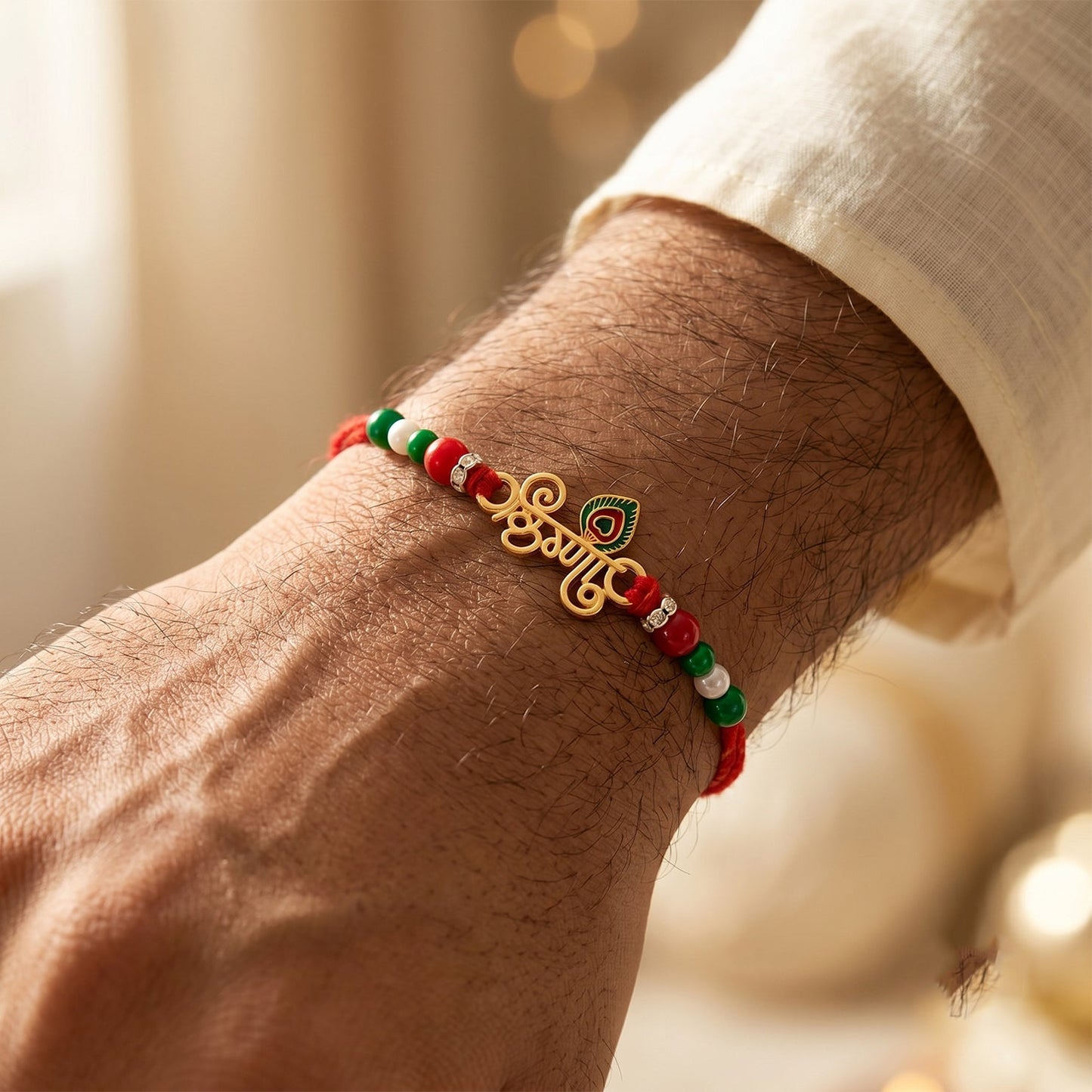 Stylish traditional Rakhi with golden beads and colorful pearls for Raksha Bandhan
